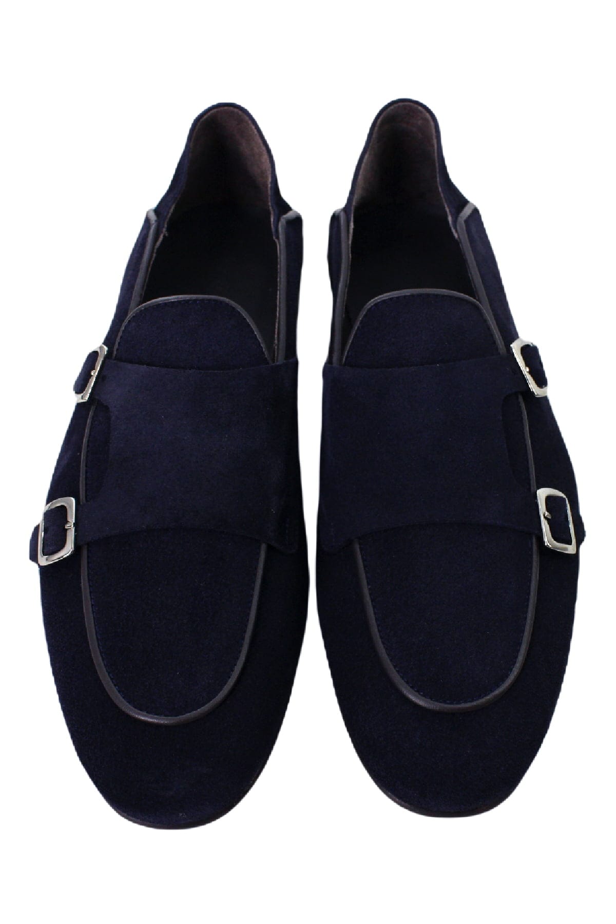 Mocassini uomo navy blu in camoscio con doppia fibbia e suola in cuoio made in italy