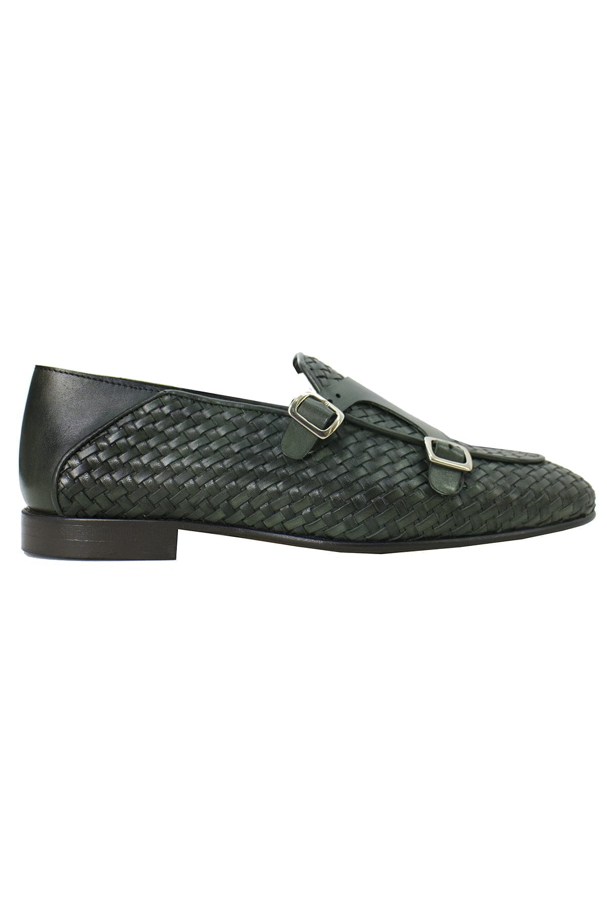 Mocassini uomo verde militare in vera pelle intrecciata con doppia fibbia e suola in cuoio made in italy