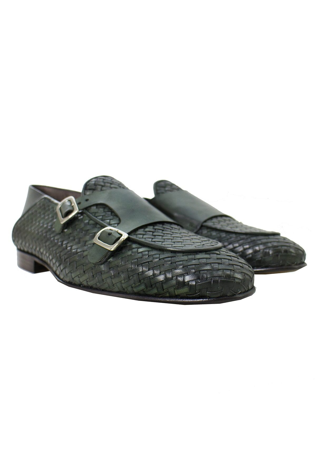 Mocassini uomo verde militare in vera pelle intrecciata con doppia fibbia e suola in cuoio made in italy