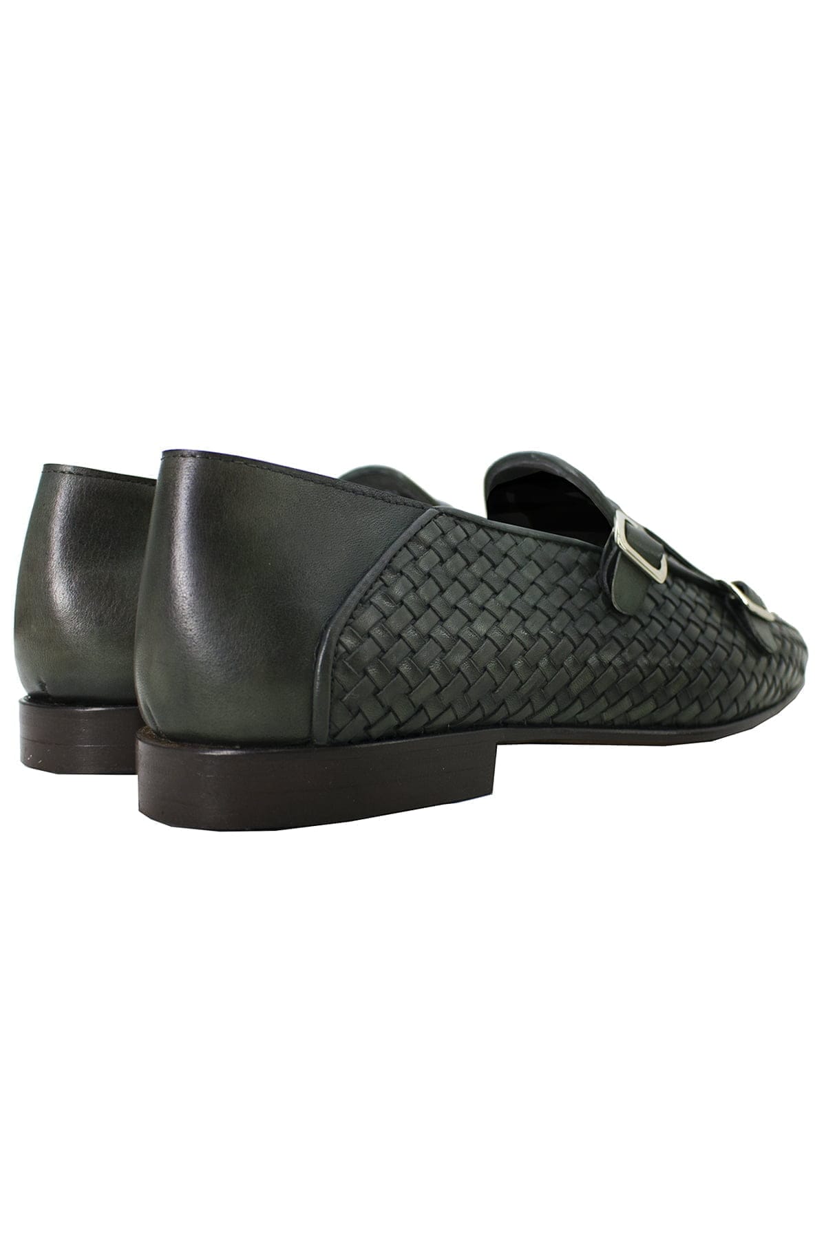 Mocassini uomo verde militare in vera pelle intrecciata con doppia fibbia e suola in cuoio made in italy