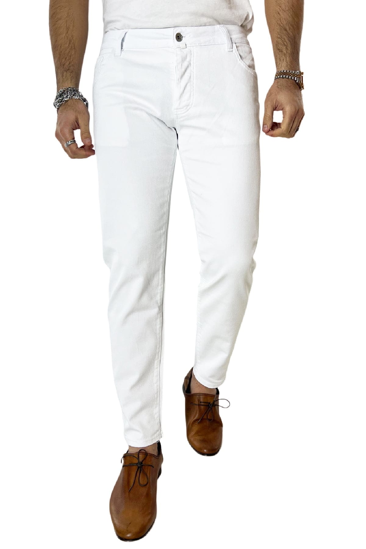 Jeans uomo bianco tinta unita modello 5 tasche slim fit estivo made in italy