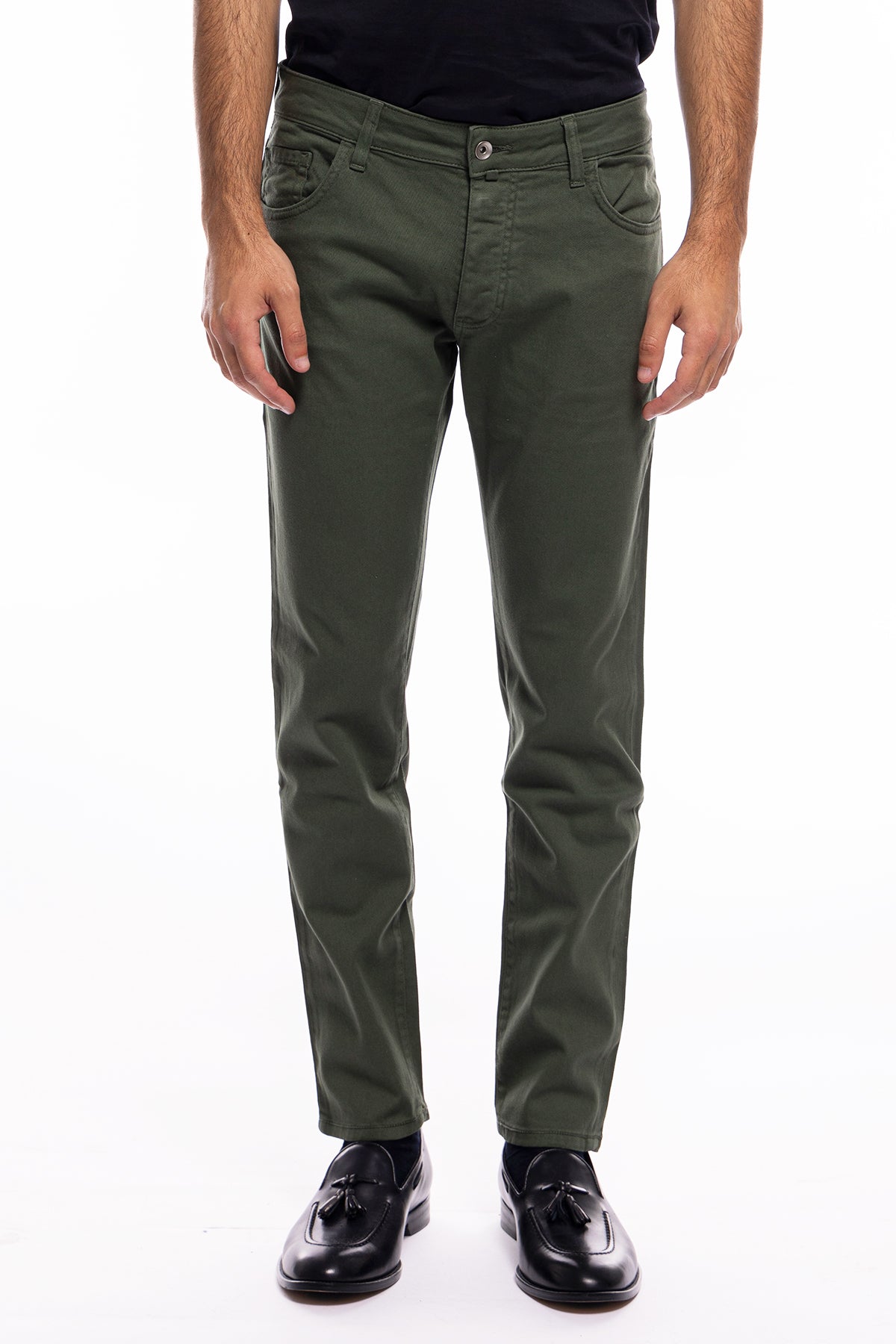 Jeans uomo verde militare tinta unita modello 5 tasche slim fit estivo made in italy