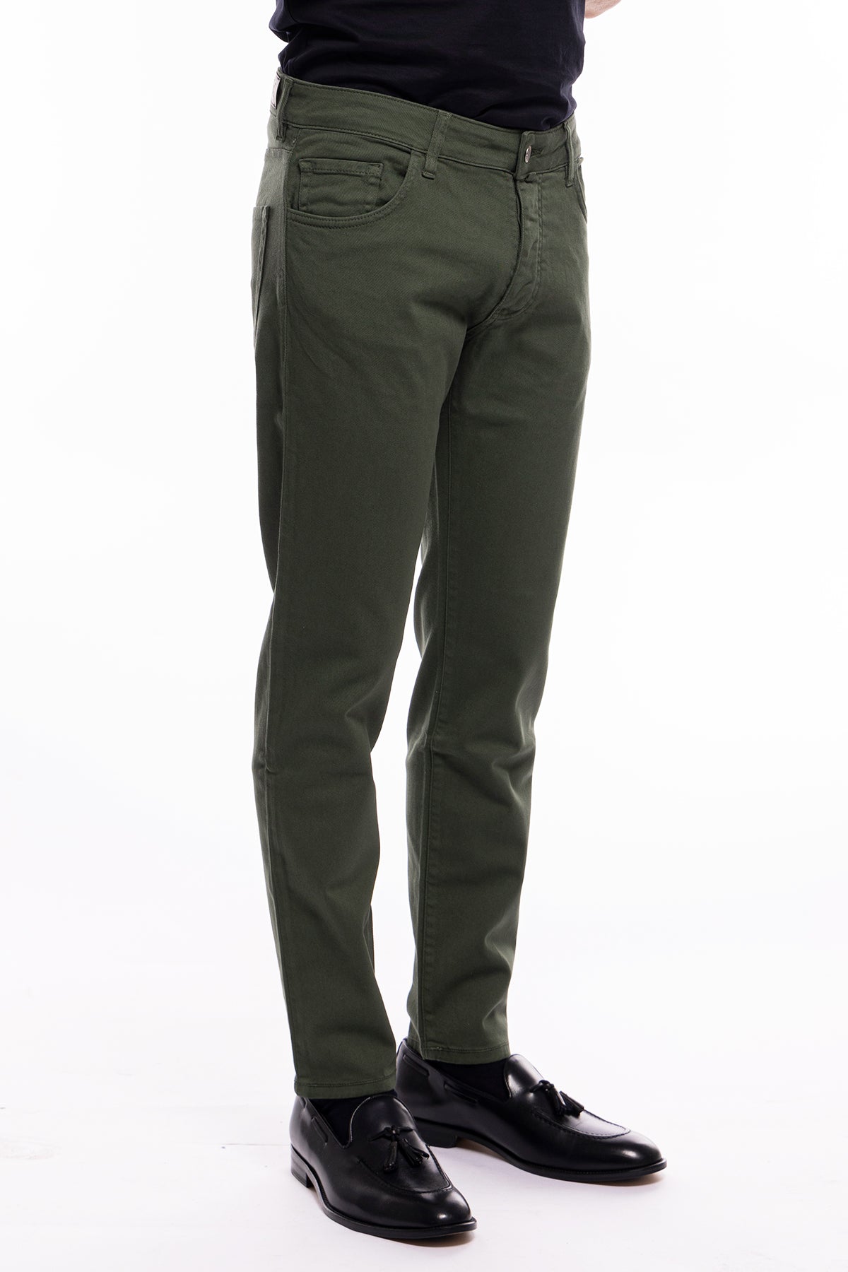 Jeans uomo verde militare tinta unita modello 5 tasche slim fit estivo made in italy
