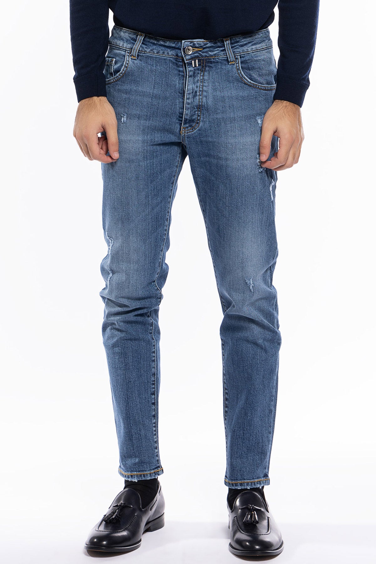 Jeans strappati da uomo con sfumature bianche modello 5 tasche slim fit made in italy