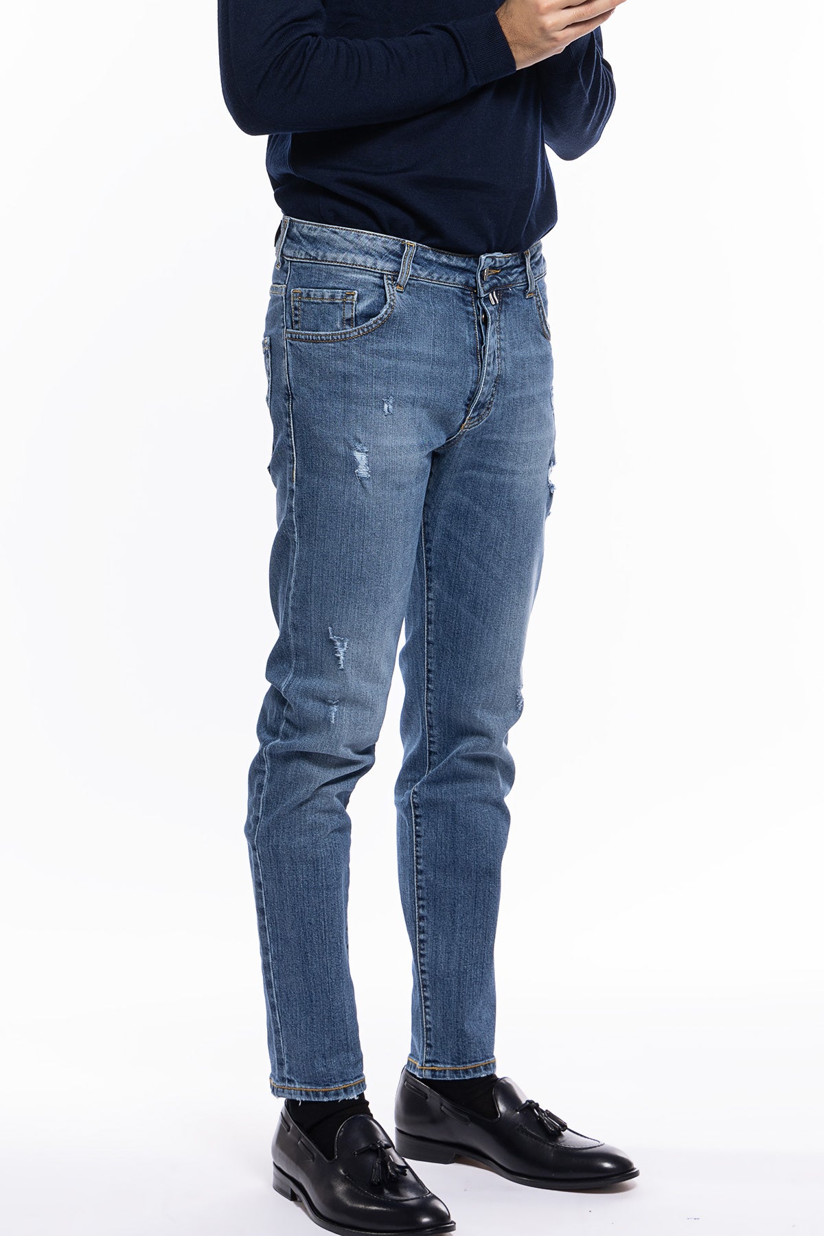 Jeans strappati da uomo con sfumature bianche modello 5 tasche slim fit made in italy