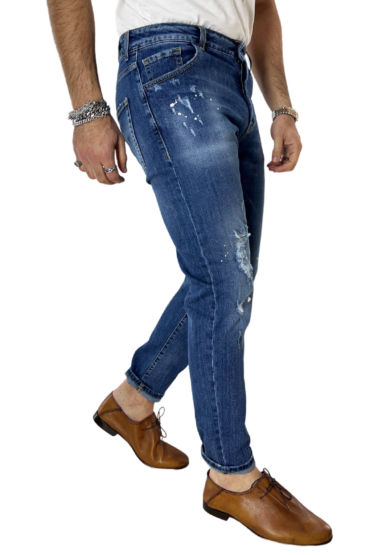 Jeans strappati da uomo con sfumature bianche e schizzi di pittura slim fit made in italy