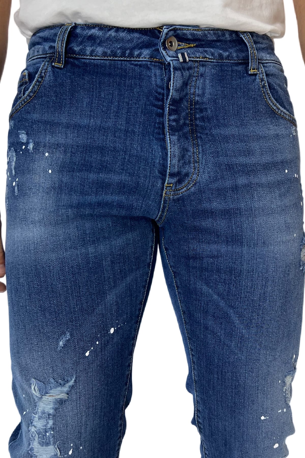 Jeans strappati da uomo con sfumature bianche e schizzi di pittura slim fit made in italy