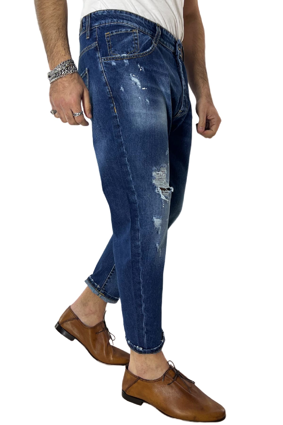 Jeans strappati da uomo con sfumature bianche e schizzi di pittura regular fit made in italy