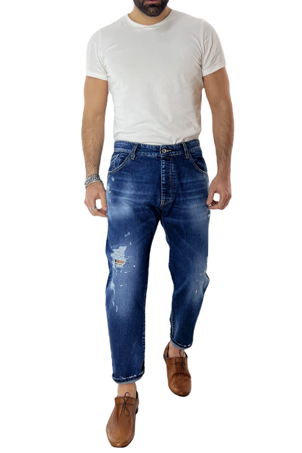 Jeans strappati da uomo con sfumature bianche e schizzi di pittura regular fit made in italy