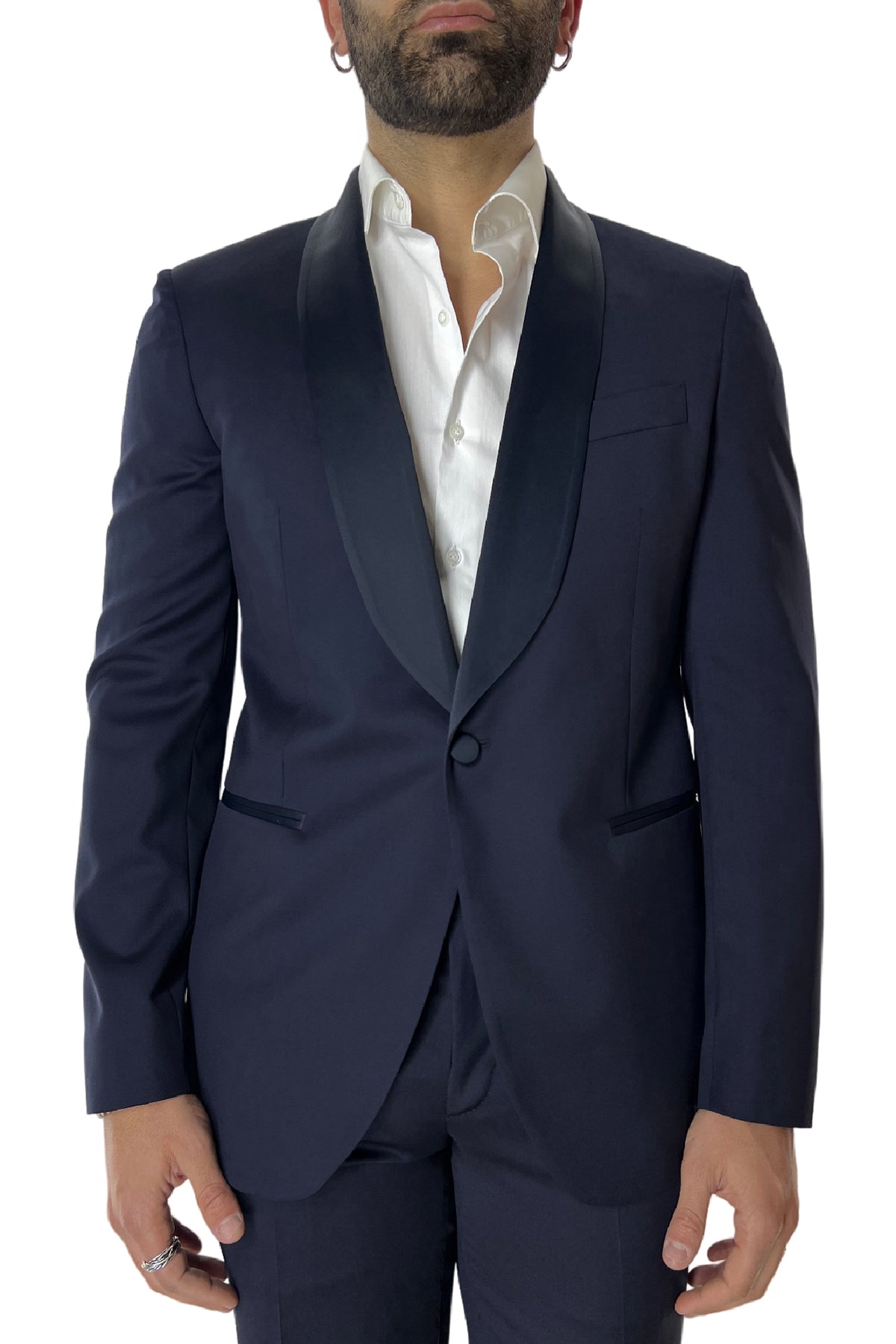 Abito smoking da uomo monopetto blu navy rever a scialle blu in fresco lana 100% Vitale Barberis Canonico