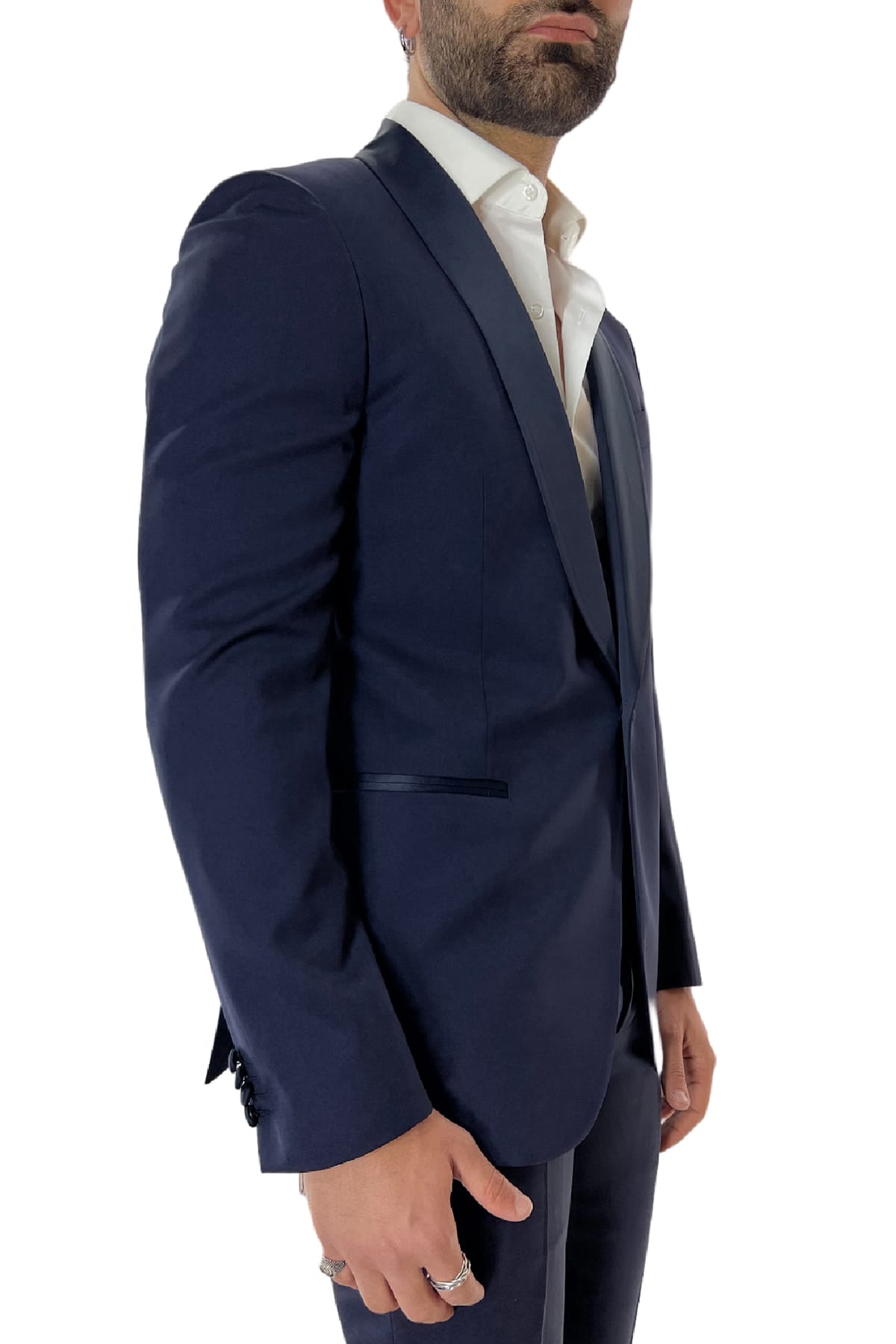 Abito smoking da uomo monopetto blu navy rever a scialle blu in fresco lana 100% Vitale Barberis Canonico