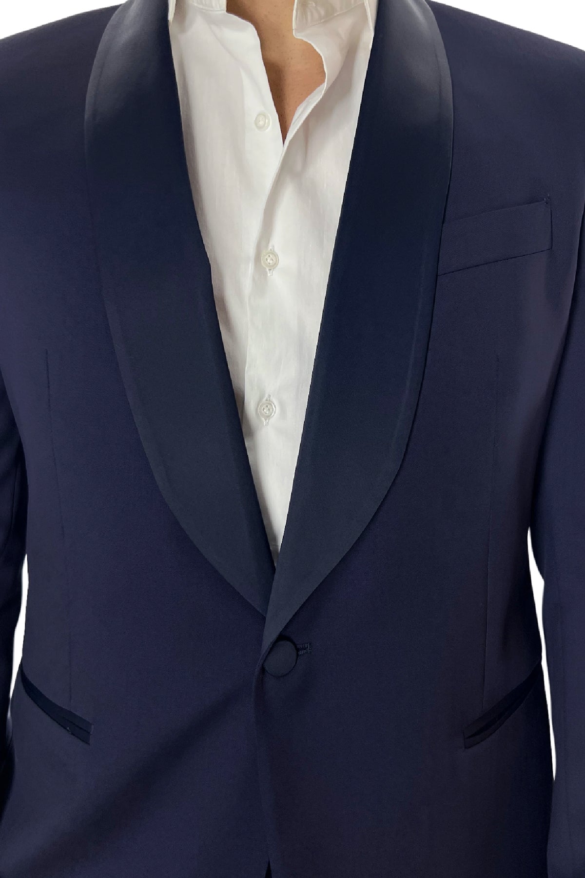Abito smoking da uomo monopetto blu navy rever a scialle blu in fresco lana 100% Vitale Barberis Canonico