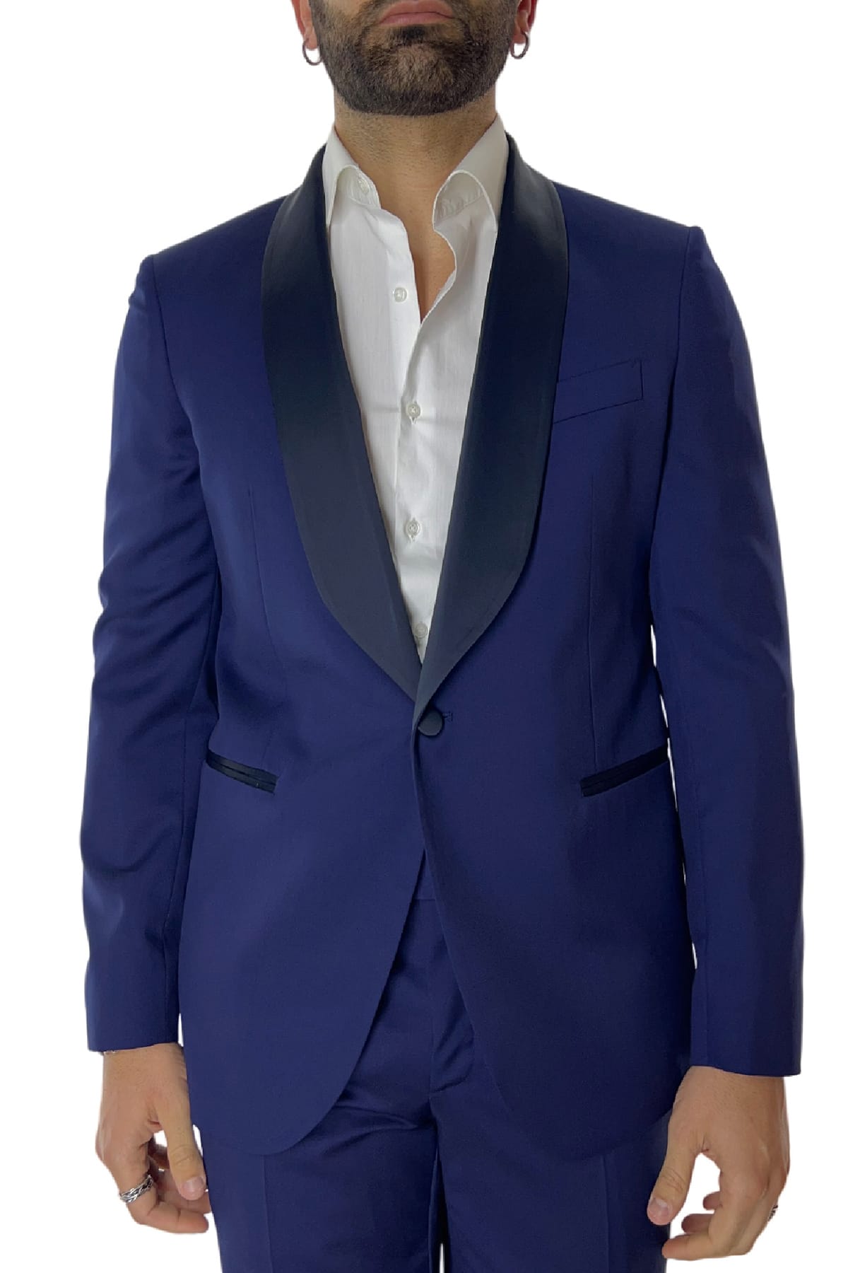 Abito smoking da uomo monopetto royal blu rever a scialle blu in fresco lana 100% Vitale Barberis Canonico