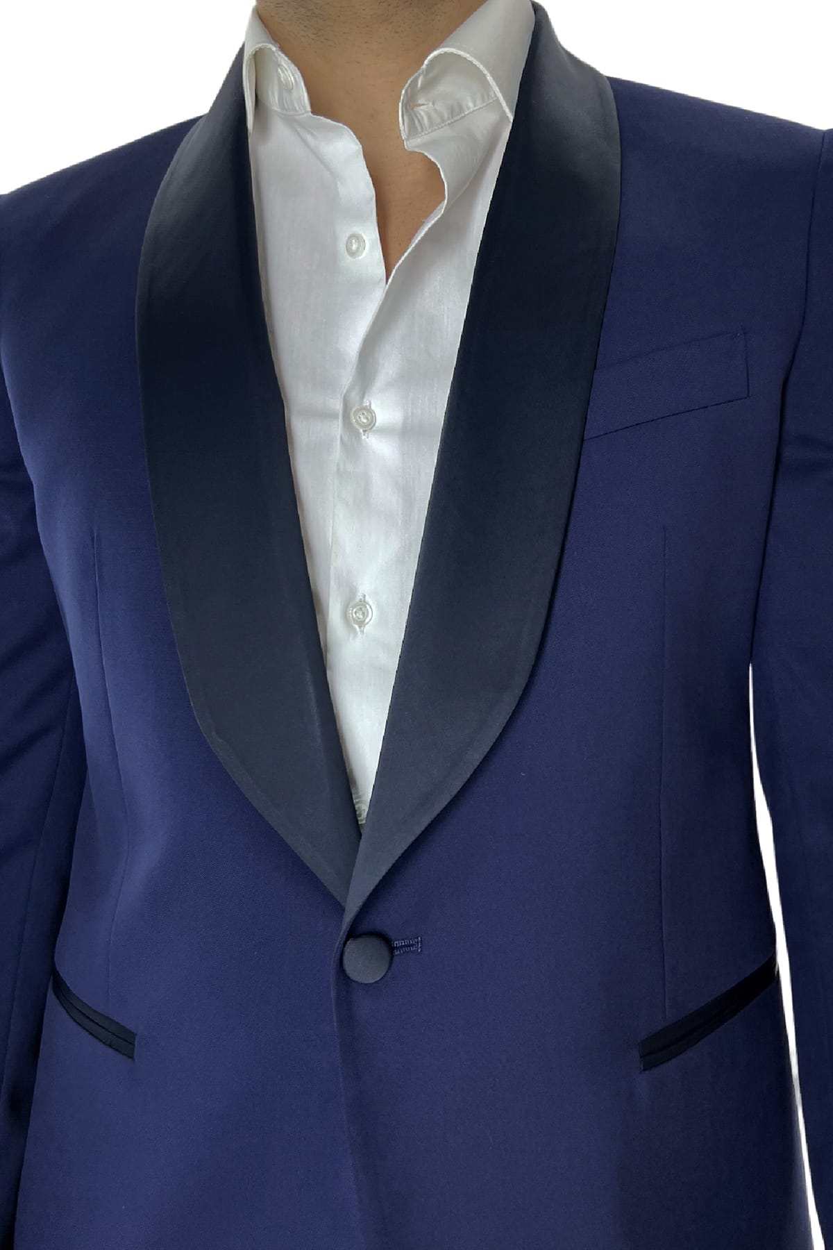 Abito smoking da uomo monopetto royal blu rever a scialle blu in fresco lana 100% Vitale Barberis Canonico