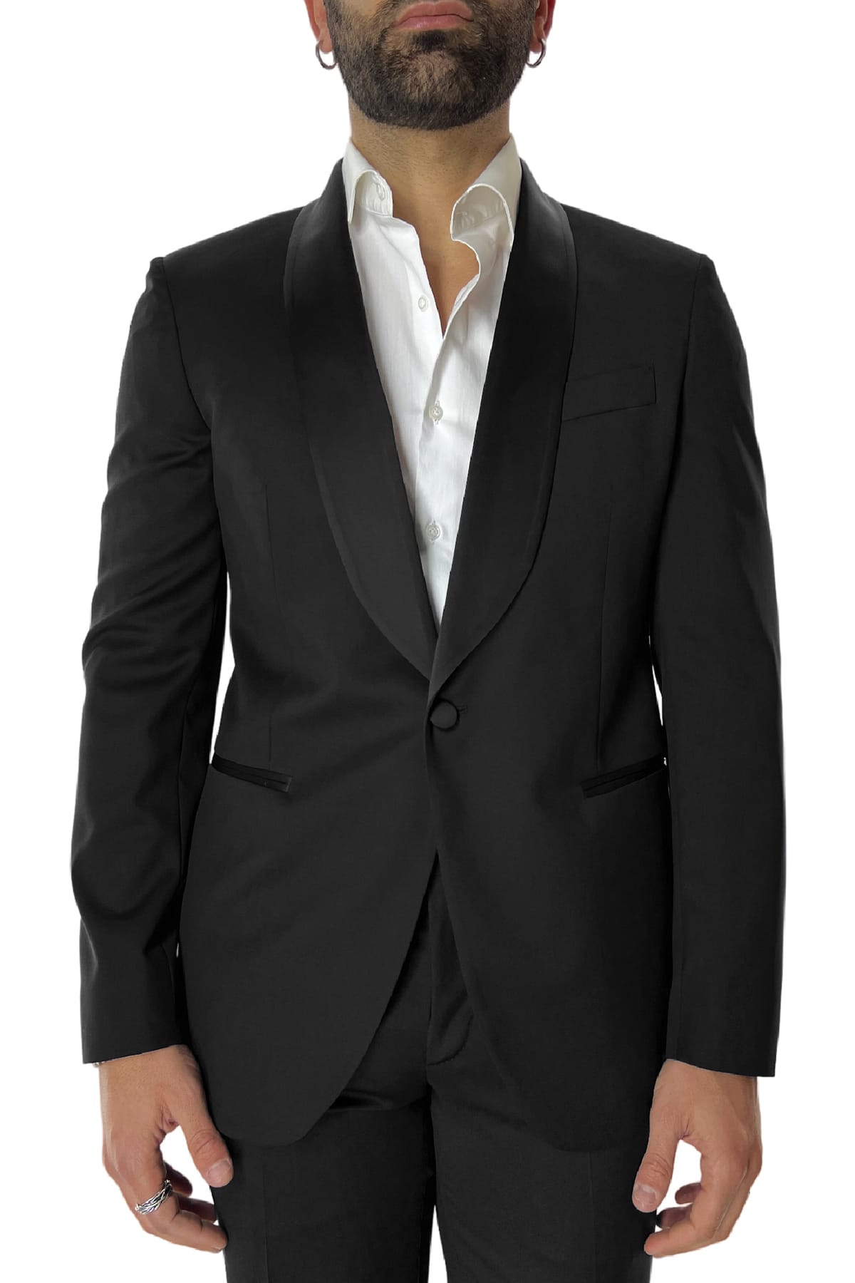 Giacca smoking da uomo monopetto nera  rever a scialle nero in fresco lana 100% Vitale Barberis Canonico
