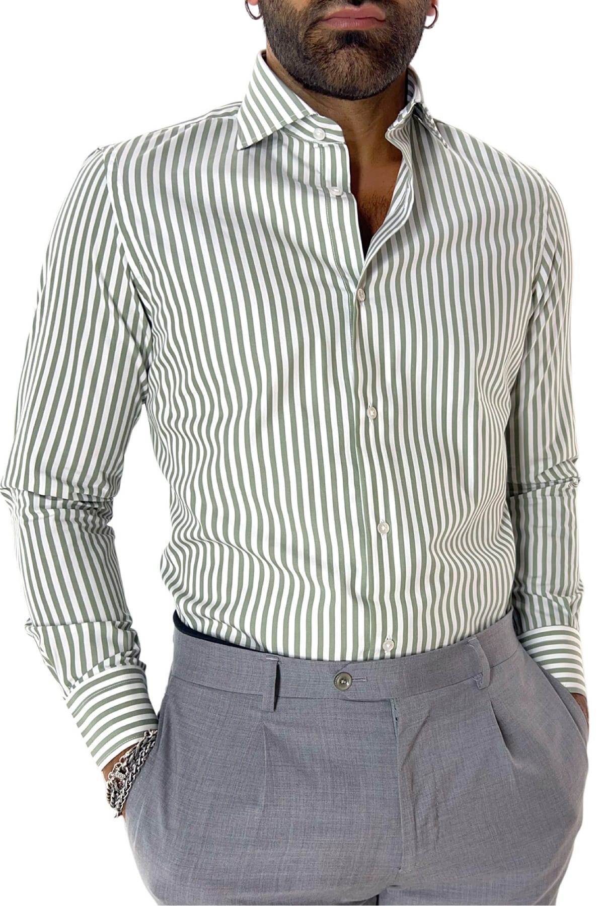 Camicia Uomo riga media 100% cotone collo semi francese Regular Fit made in italy Casual e Elegante