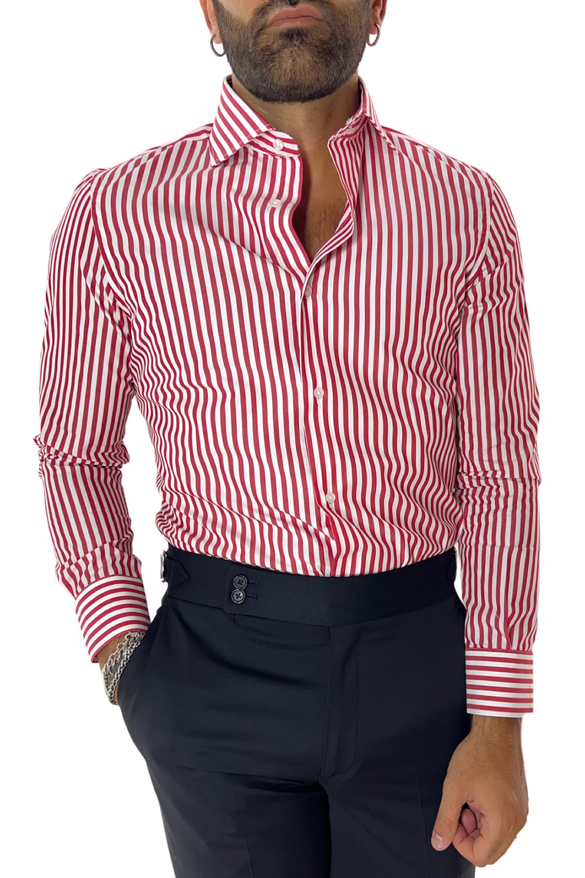 Camicia Uomo riga media 100% cotone collo semi francese Regular Fit made in italy Casual e Elegante