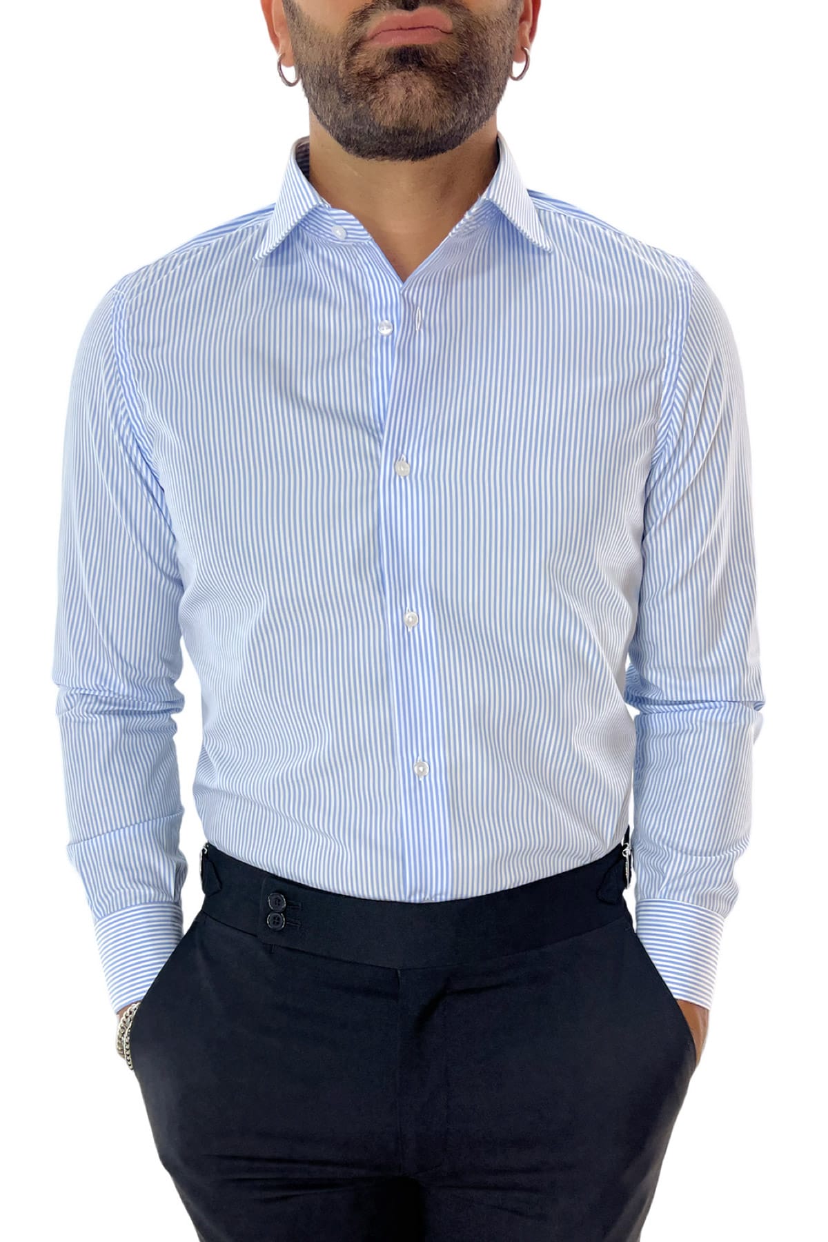 Camicia Uomo riga larga 100% cotone collo semi francese Regular Fit made in italy Casual e Elegante