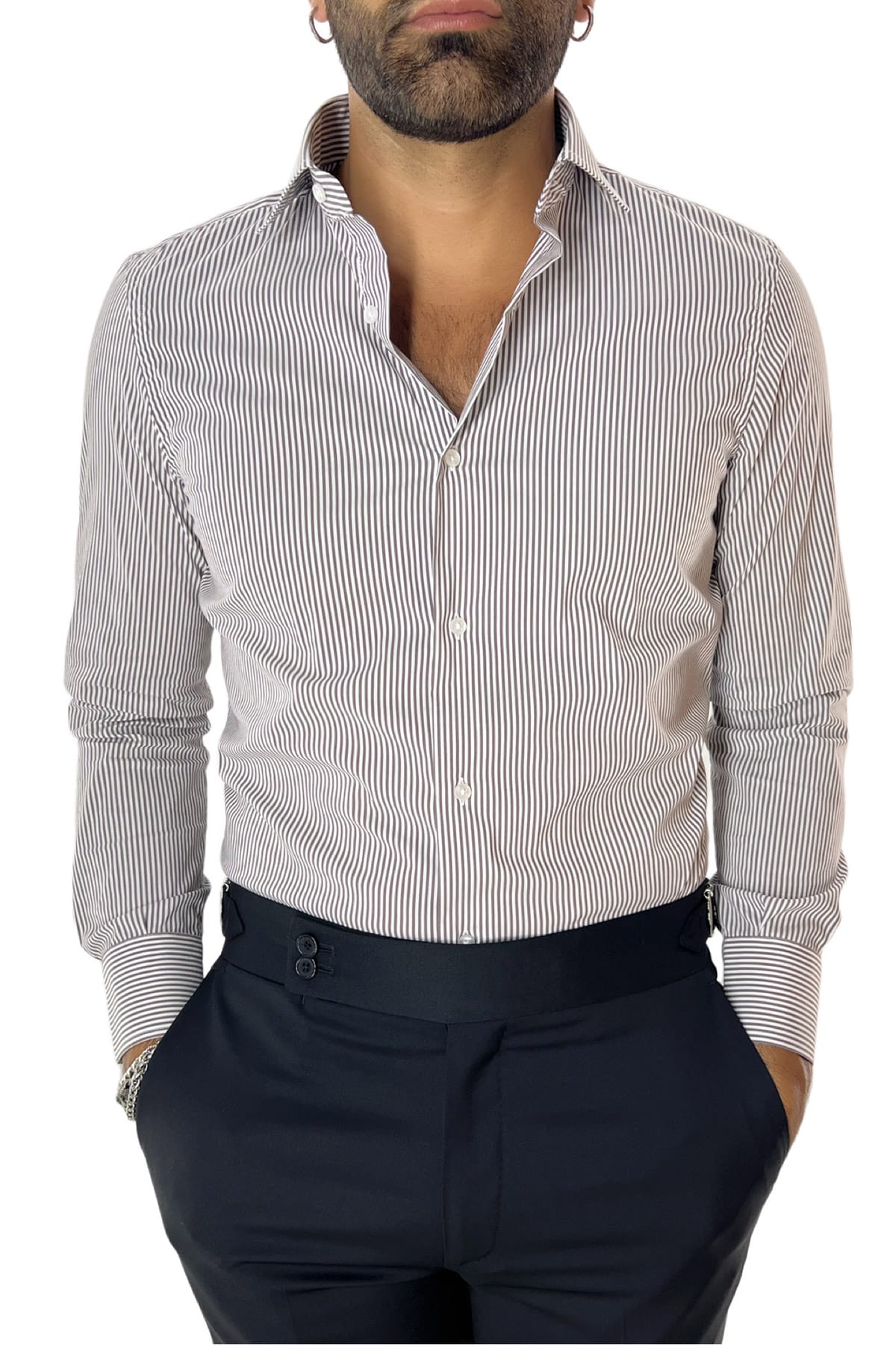 Camicia Uomo riga larga 100% cotone collo semi francese Regular Fit made in italy Casual e Elegante