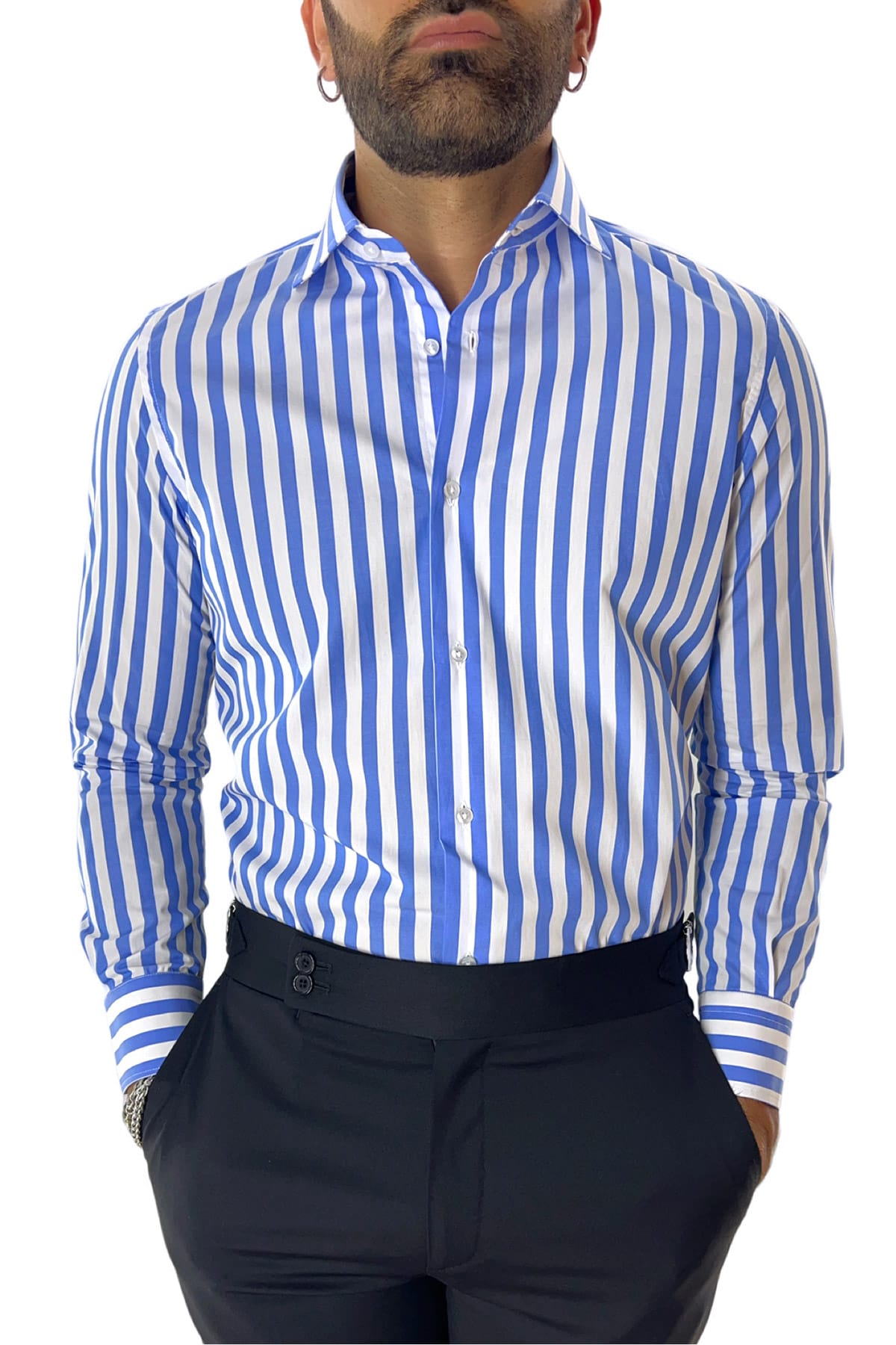 Camicia Uomo Righe Larghe regular fit 100% cotone Collo semi francese Made In Italy