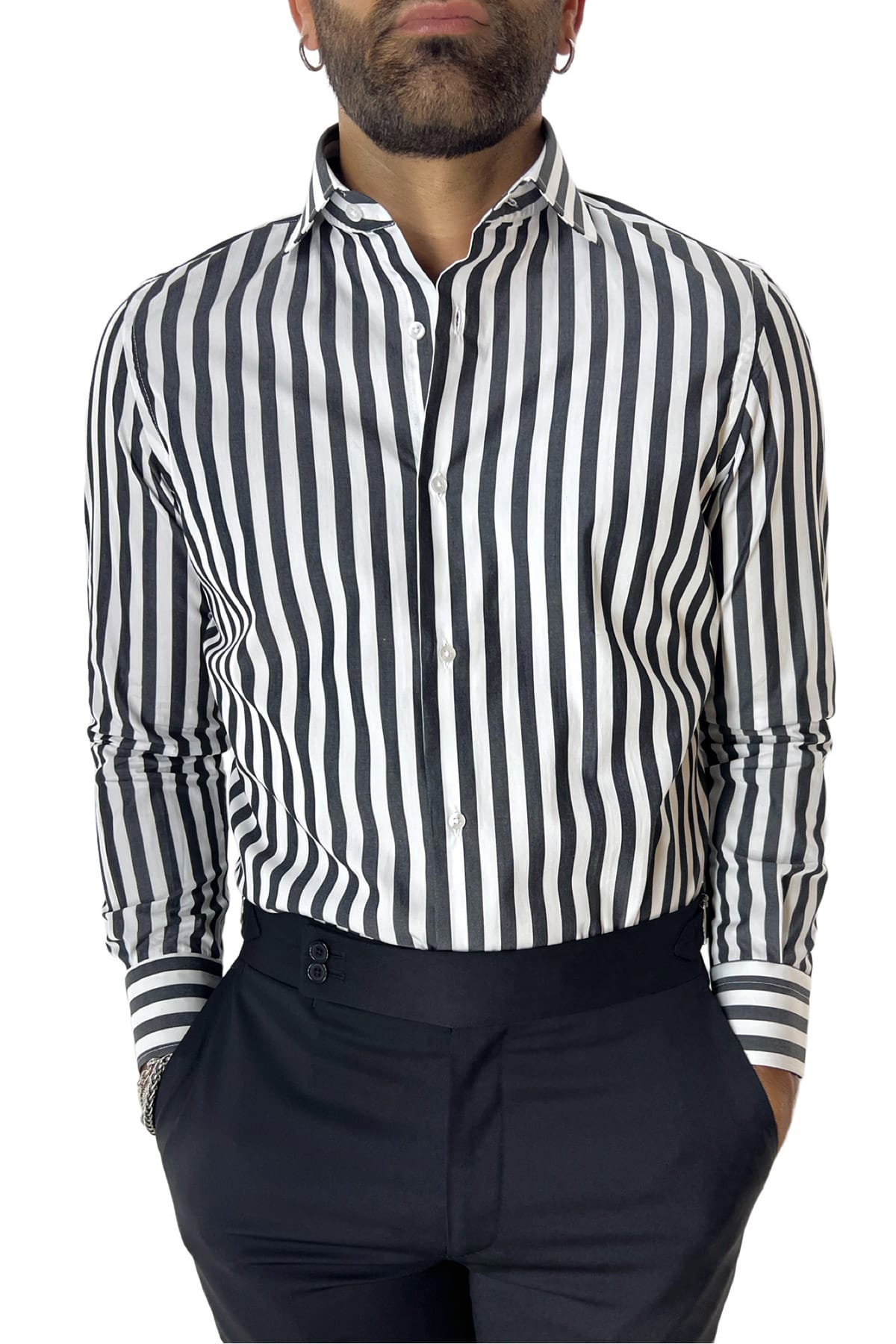 Camicia Uomo Righe Larghe regular fit 100% cotone Collo semi francese Made In Italy