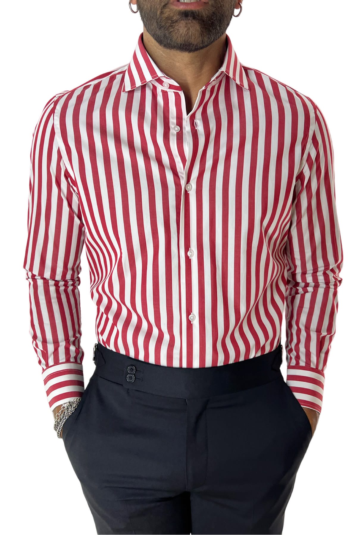 Camicia Uomo Righe Larghe regular fit 100% cotone Collo semi francese Made In Italy