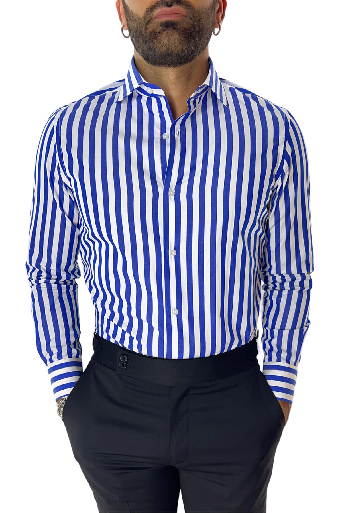 Camicia Uomo Righe Larghe regular fit 100% cotone Collo semi francese Made In Italy