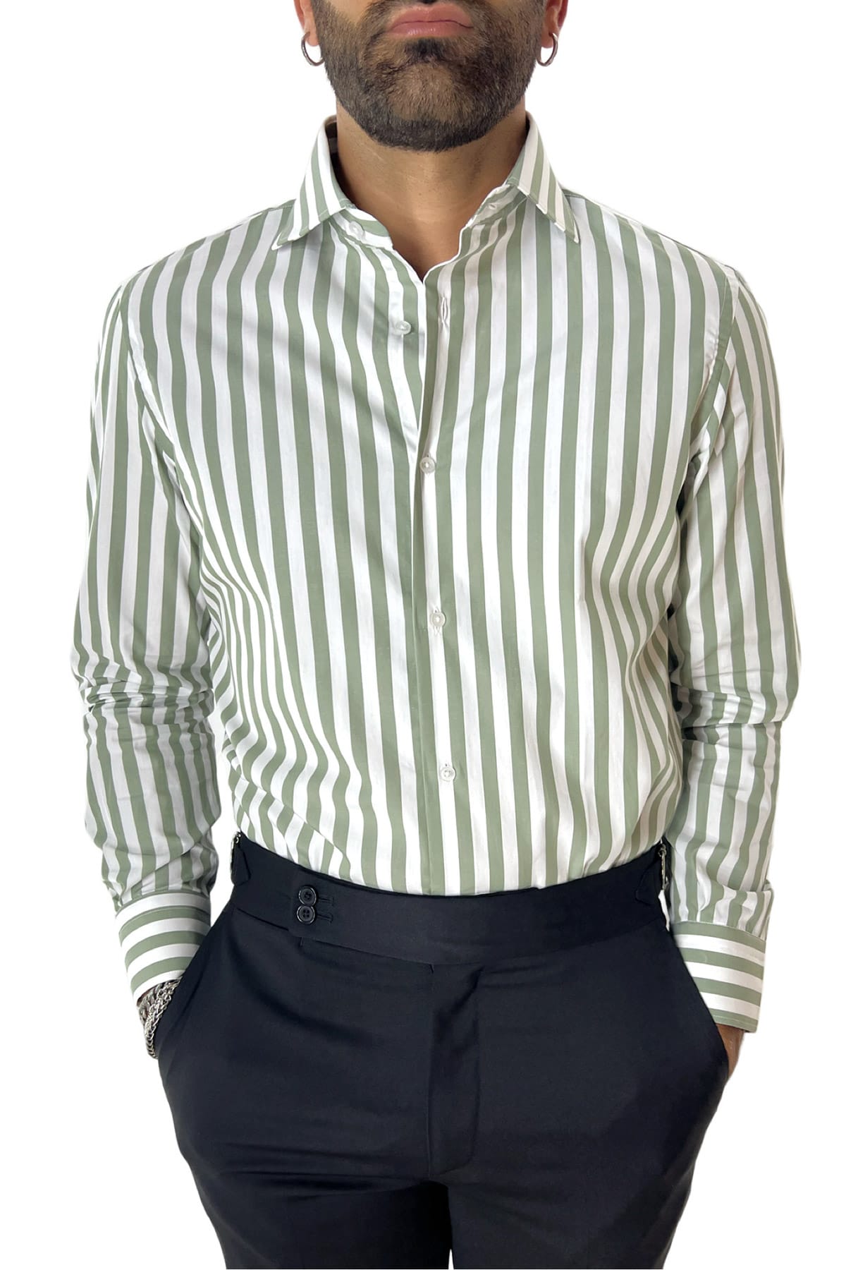Camicia Uomo Righe Larghe regular fit 100% cotone Collo semi francese Made In Italy