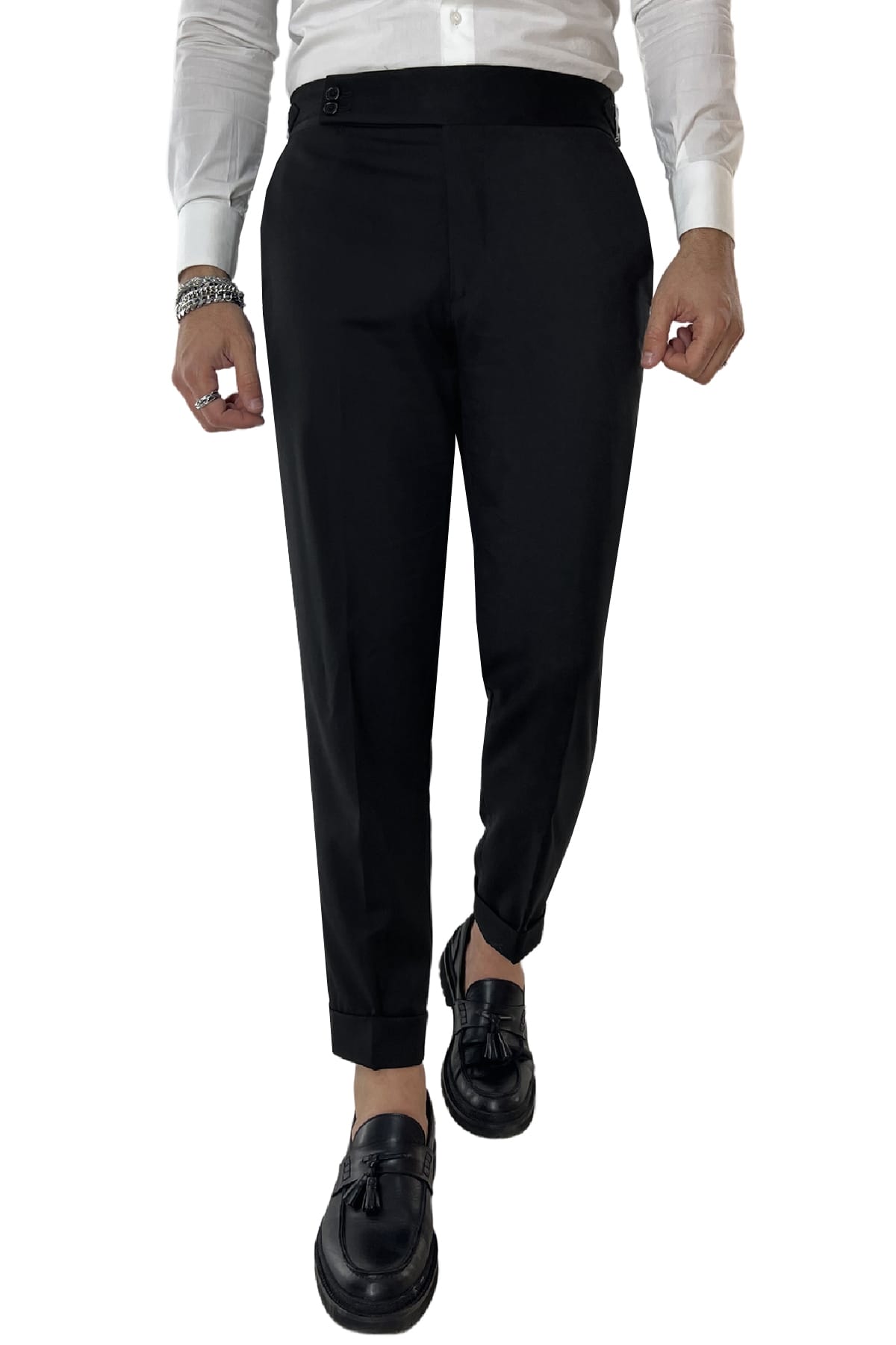 Pantalone uomo Nero vita alta tasca america in fresco lana super 130's Vitale Barberis Canonico fibbie laterali e risvolto 4cm