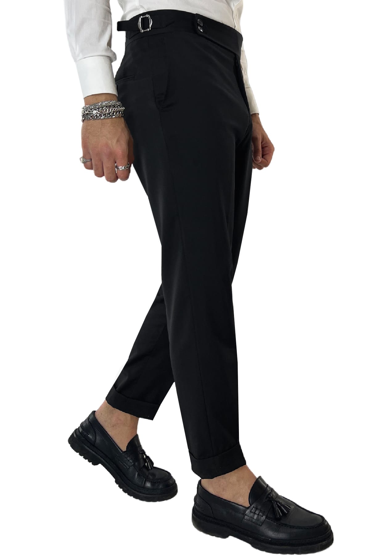 Pantalone uomo Nero vita alta tasca america in fresco lana super 130's Vitale Barberis Canonico fibbie laterali e risvolto 4cm