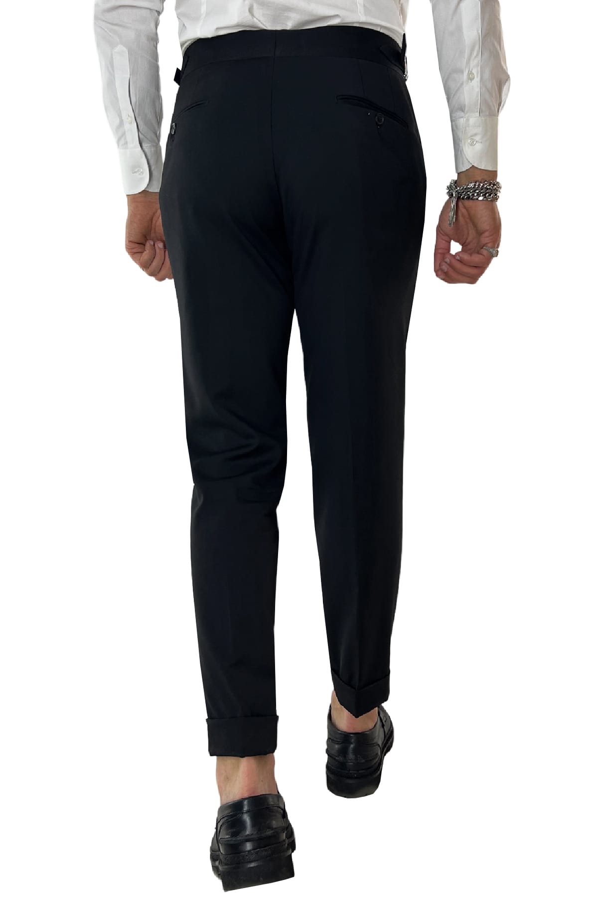 Pantalone uomo Nero vita alta tasca america in fresco lana super 130's Vitale Barberis Canonico fibbie laterali e risvolto 4cm