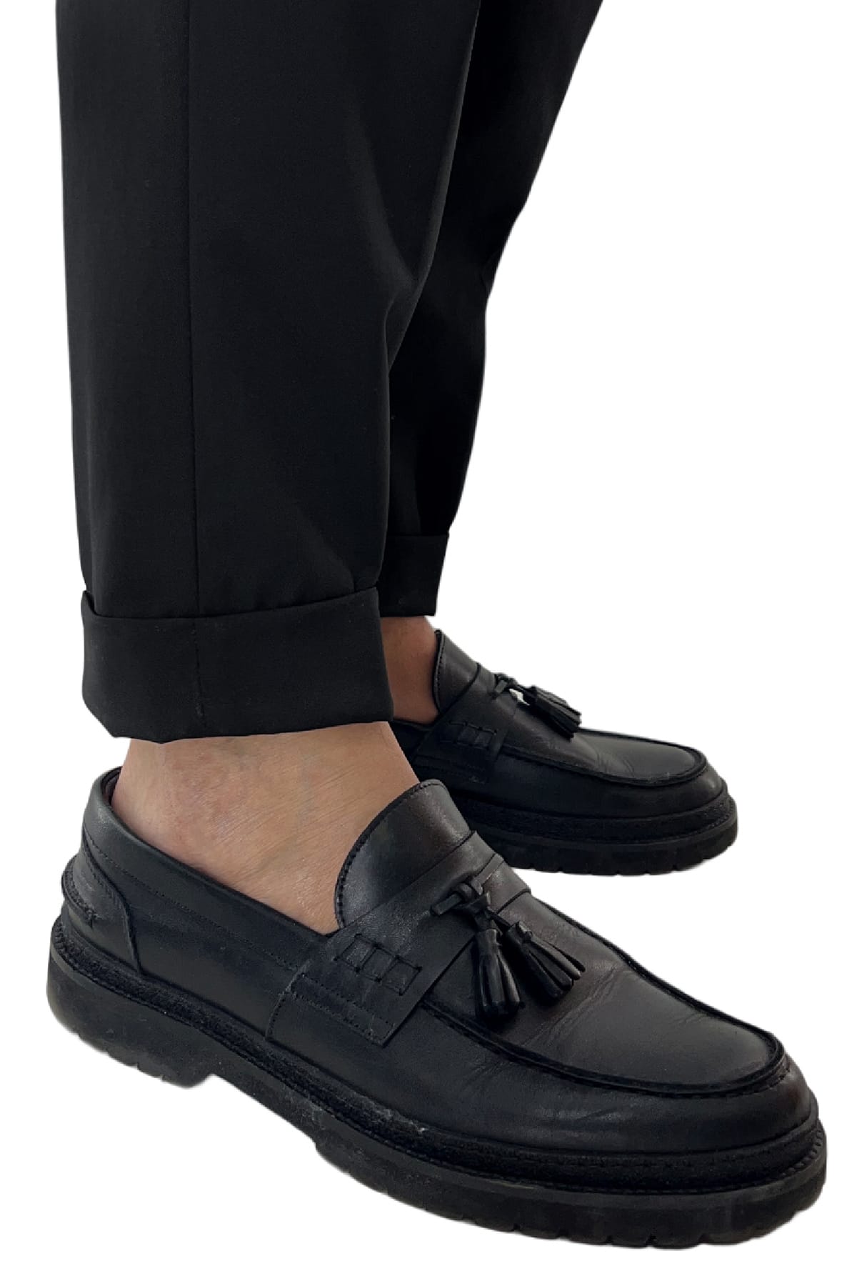 Pantalone uomo Nero vita alta tasca america in fresco lana super 130's Vitale Barberis Canonico fibbie laterali e risvolto 4cm