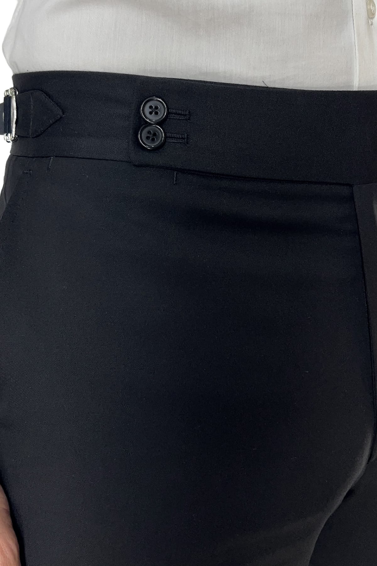 Pantalone uomo Nero vita alta tasca america in fresco lana super 130's Vitale Barberis Canonico fibbie laterali e risvolto 4cm