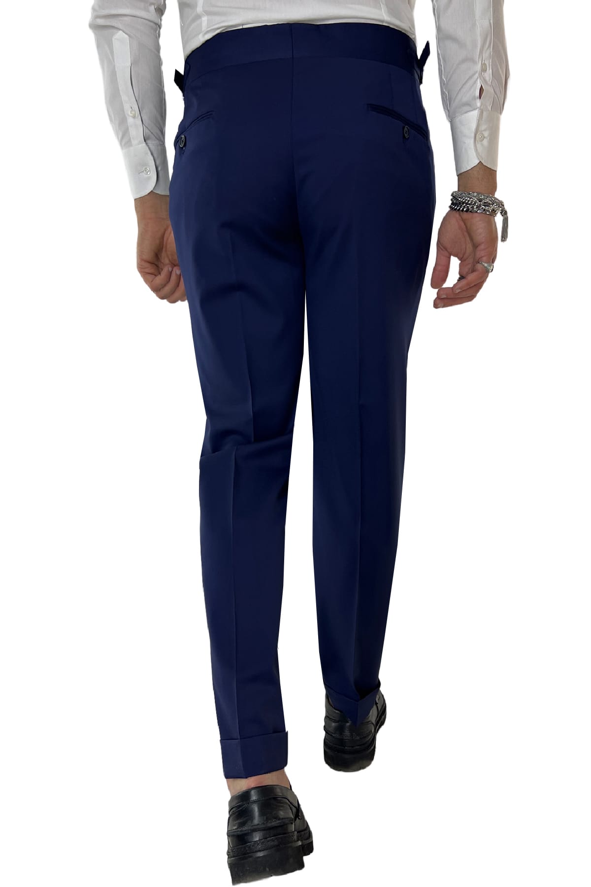 Pantalone uomo royal blu vita alta tasca america in fresco lana 100% Vitale Barberis Canonico fibbie laterali e risvolto 4cm