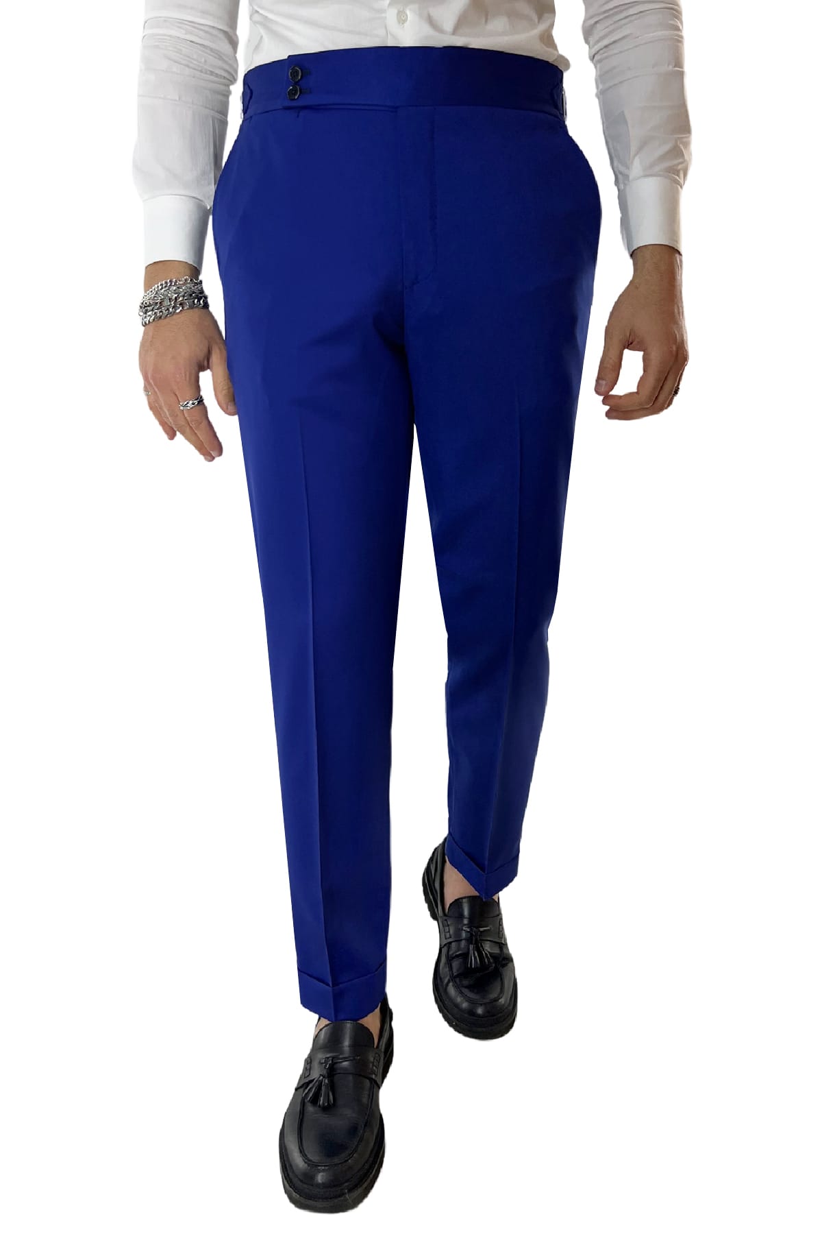 Pantalone uomo bluette vita alta tasca america in fresco lana 100% Vitale Barberis Canonico fibbie laterali e risvolto 4cm