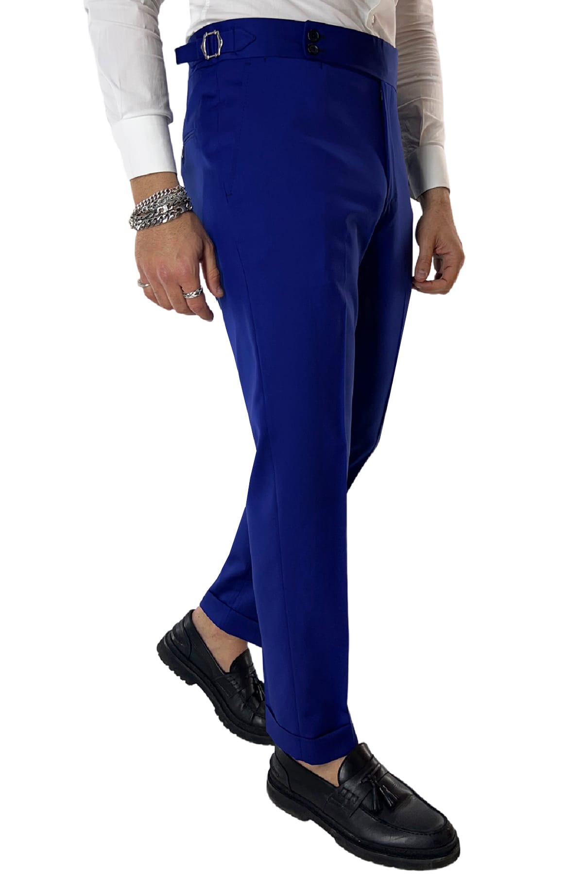 Pantalone uomo bluette vita alta tasca america in fresco lana 100% Vitale Barberis Canonico fibbie laterali e risvolto 4cm