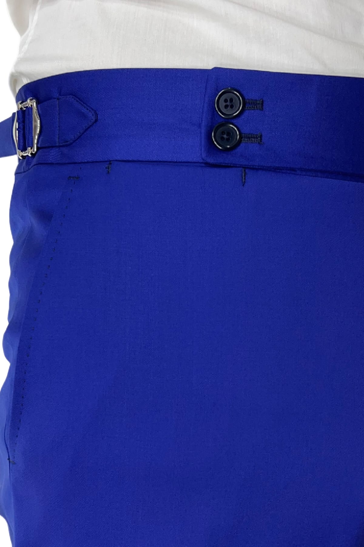 Pantalone uomo bluette vita alta tasca america in fresco lana 100% Vitale Barberis Canonico fibbie laterali e risvolto 4cm