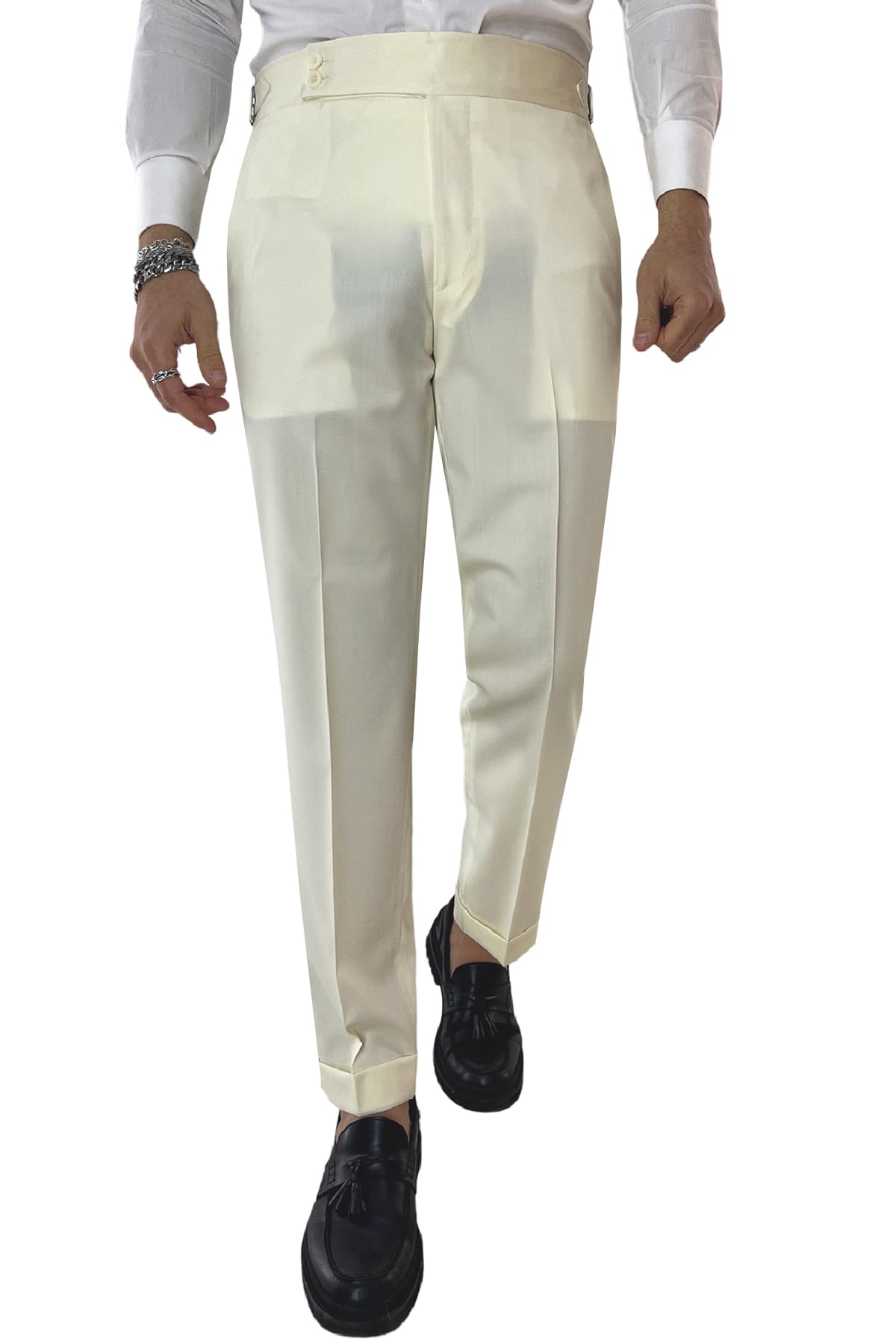 Pantalone uomo bianco vita alta tasca america in fresco lana 100% Vitale Barberis Canonico fibbie laterali e risvolto 4cm