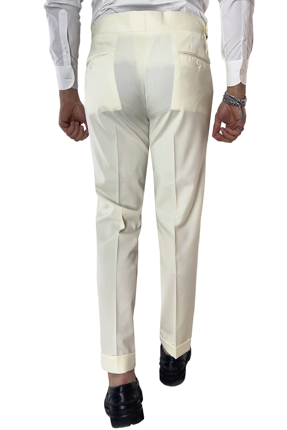 Pantalone uomo bianco vita alta tasca america in fresco lana 100% Vitale Barberis Canonico fibbie laterali e risvolto 4cm