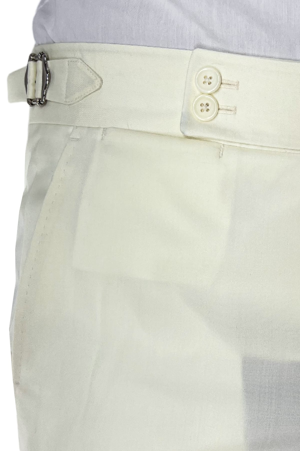 Pantalone uomo bianco vita alta tasca america in fresco lana 100% Vitale Barberis Canonico fibbie laterali e risvolto 4cm