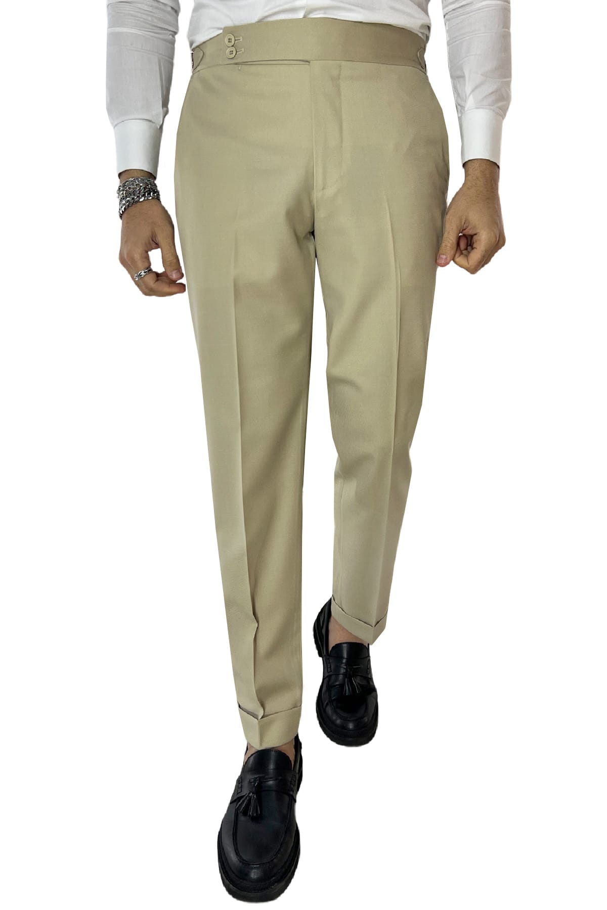 Pantalone uomo Beige vita alta tasca america in fresco lana 100% Vitale Barberis Canonico fibbie laterali e risvolto 4cm