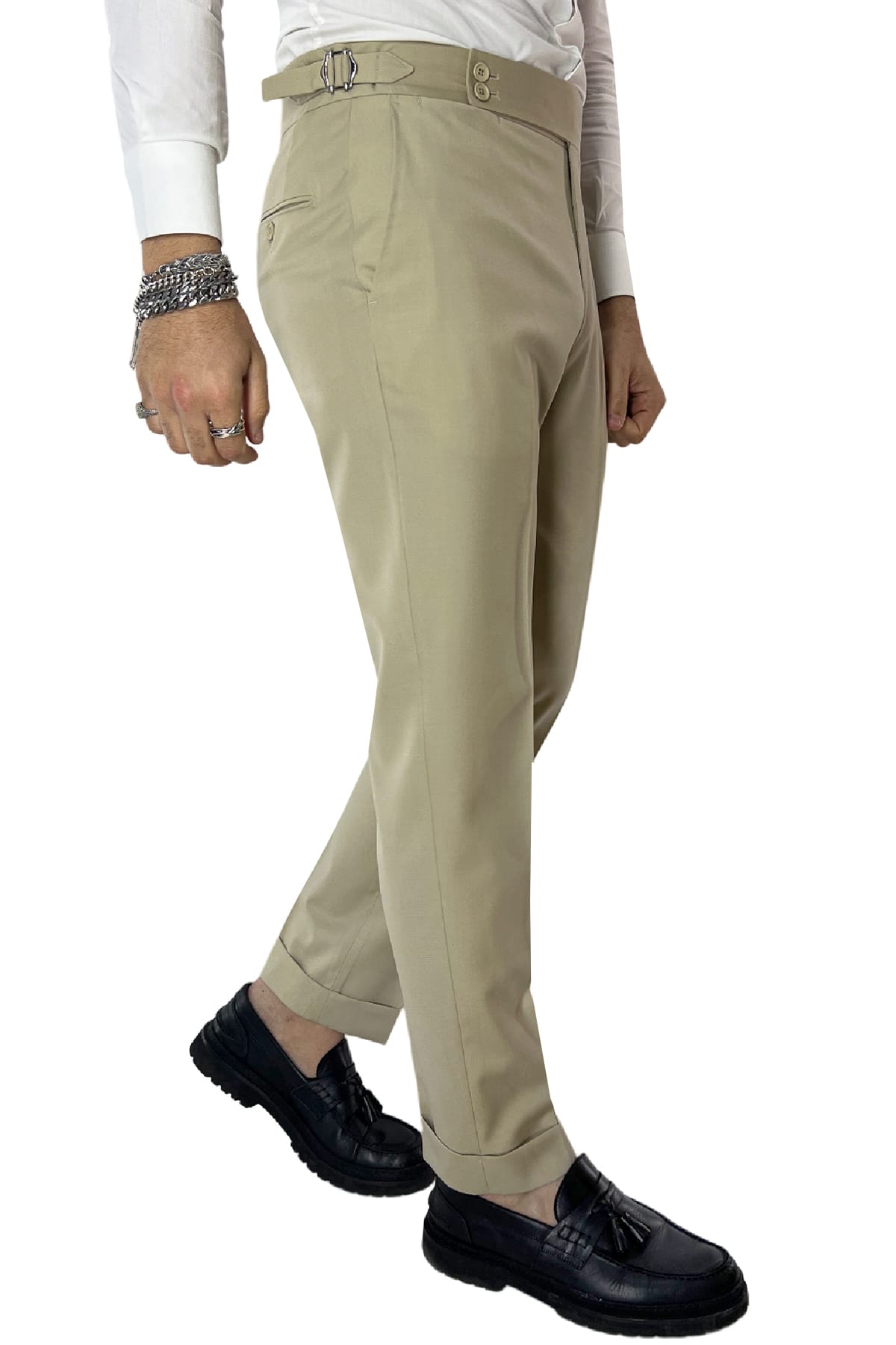 Pantalone uomo Beige vita alta tasca america in fresco lana 100% Vitale Barberis Canonico fibbie laterali e risvolto 4cm