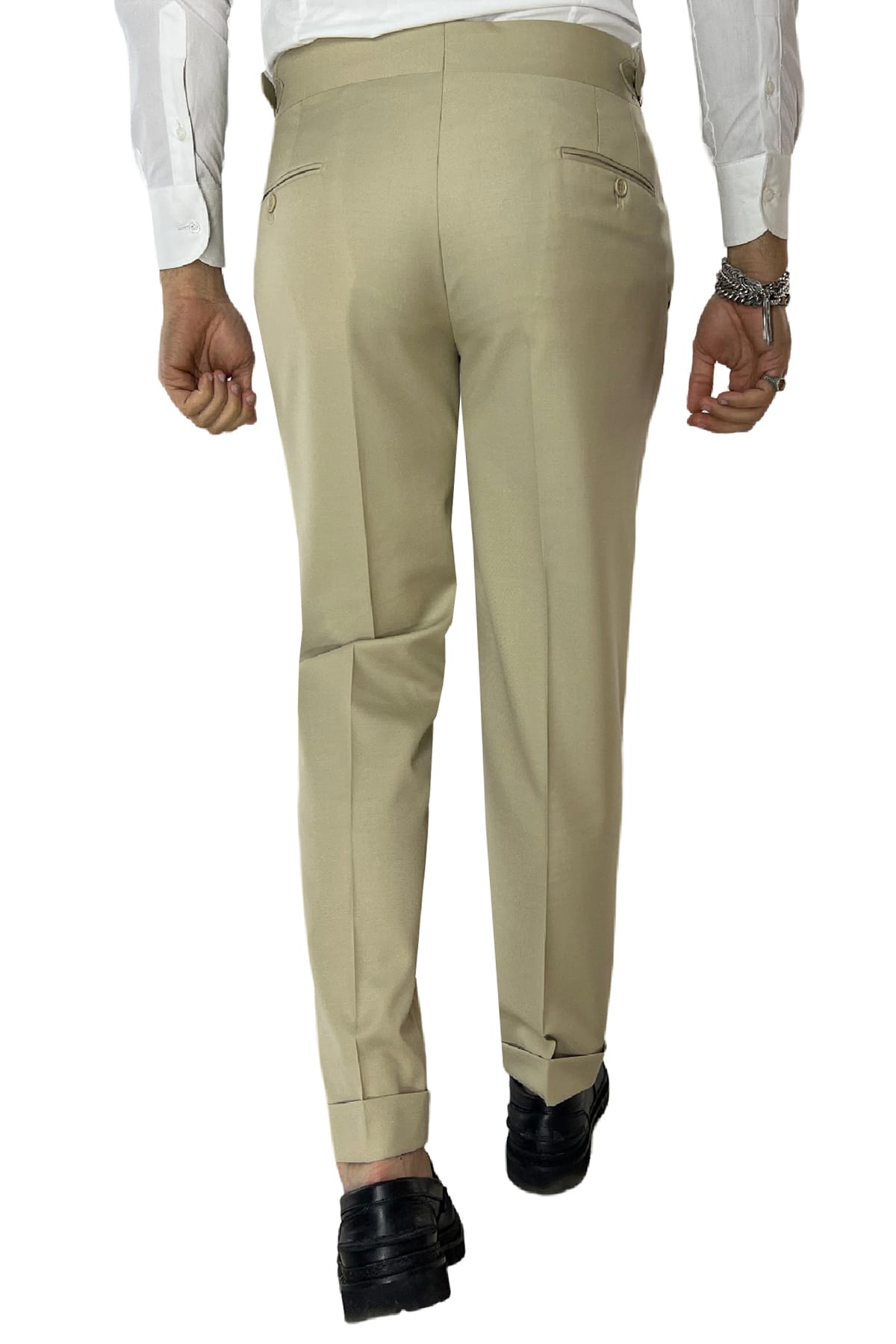 Pantalone uomo Beige vita alta tasca america in fresco lana 100% Vitale Barberis Canonico fibbie laterali e risvolto 4cm