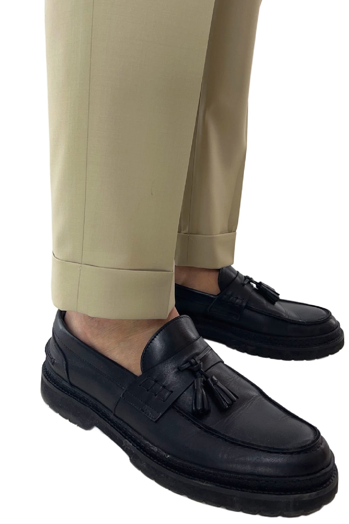 Pantalone uomo Beige vita alta tasca america in fresco lana 100% Vitale Barberis Canonico fibbie laterali e risvolto 4cm