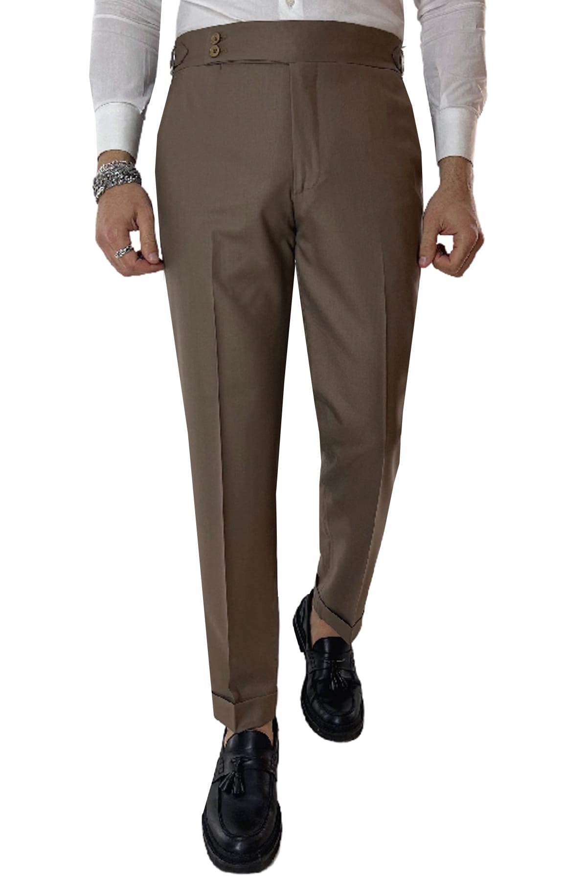 Pantalone uomo fango vita alta tasca america in fresco lana 100% Vitale Barberis Canonico fibbie laterali e risvolto 4cm