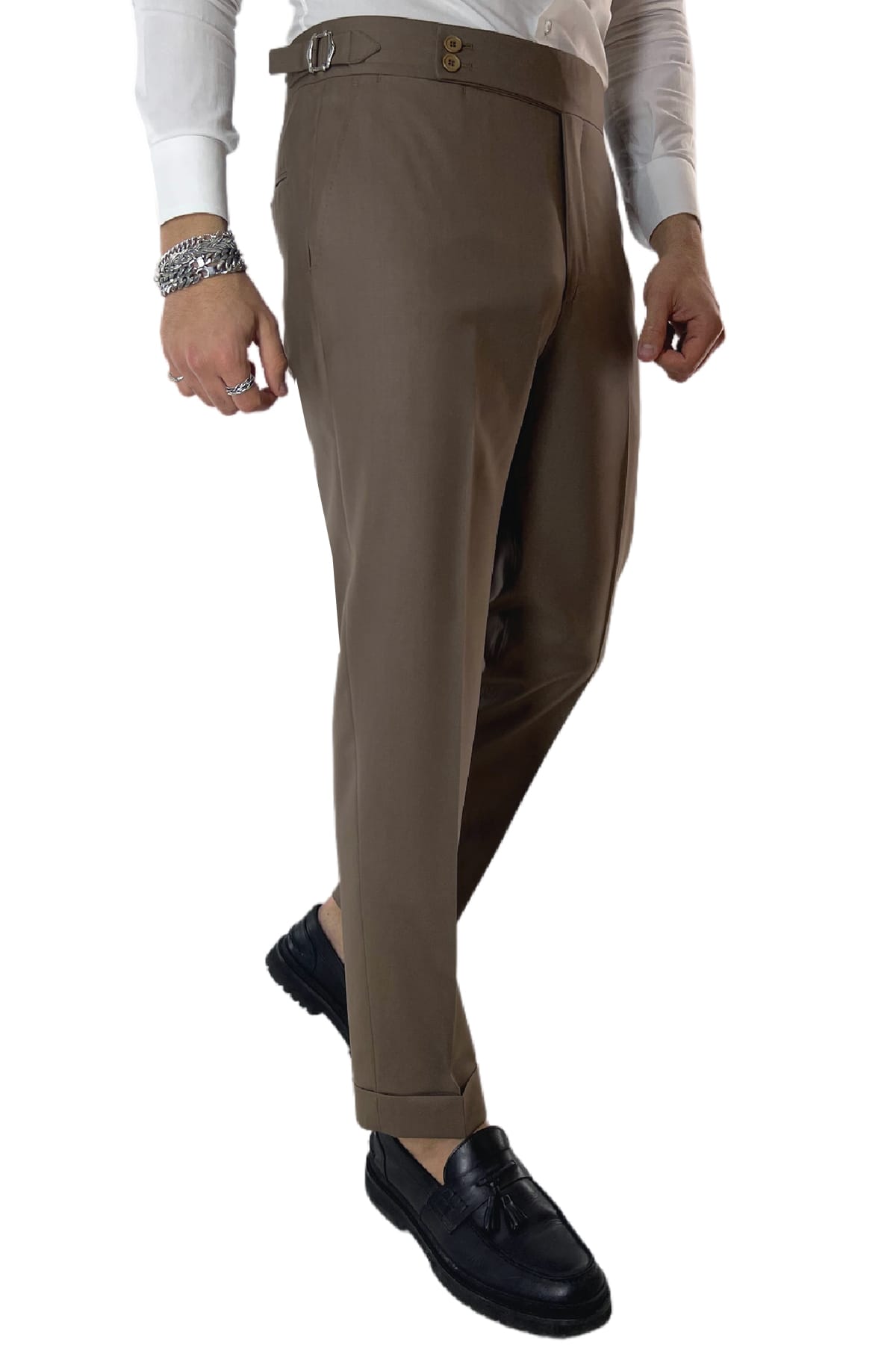 Pantalone uomo fango vita alta tasca america in fresco lana 100% Vitale Barberis Canonico fibbie laterali e risvolto 4cm