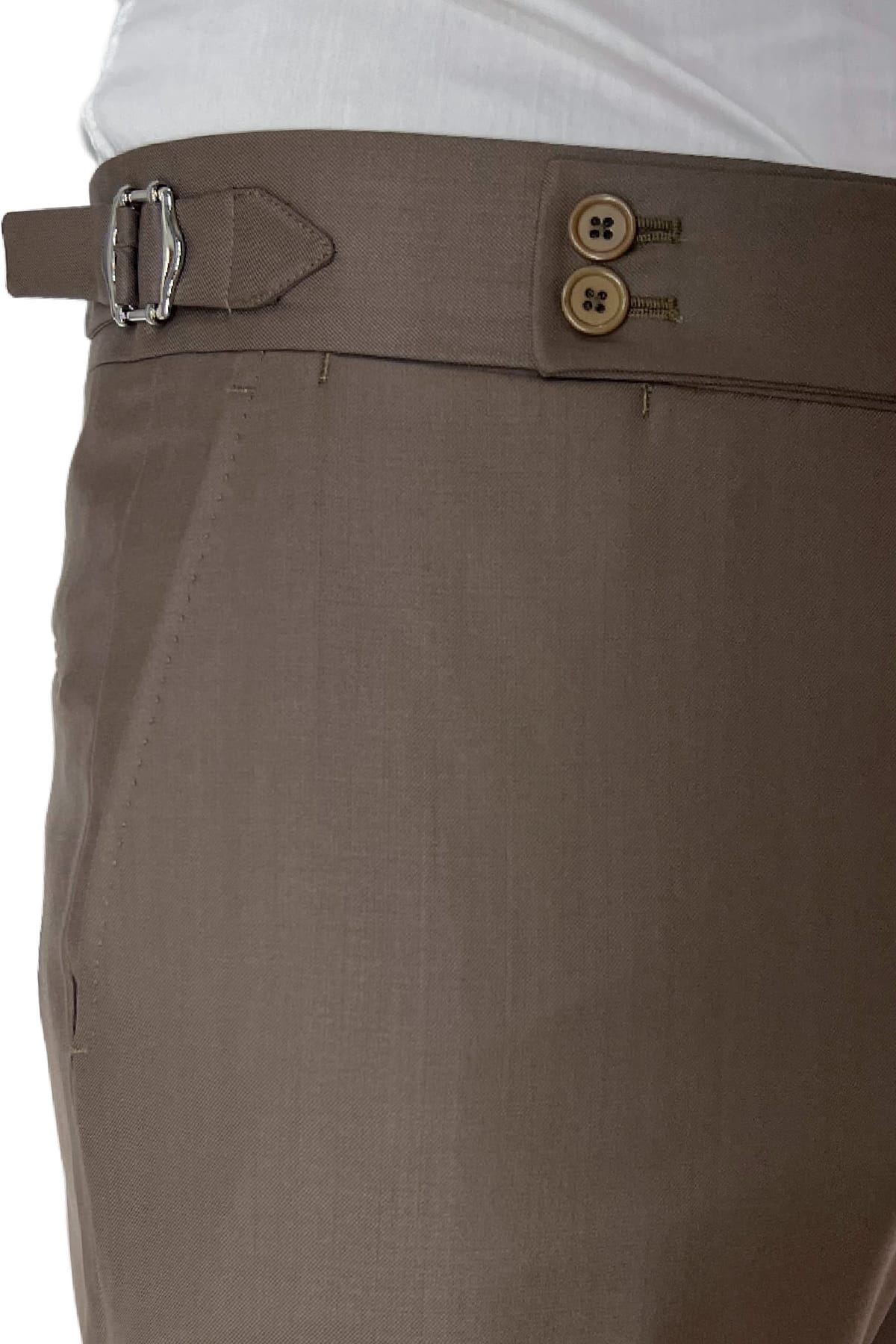 Pantalone uomo fango vita alta tasca america in fresco lana 100% Vitale Barberis Canonico fibbie laterali e risvolto 4cm