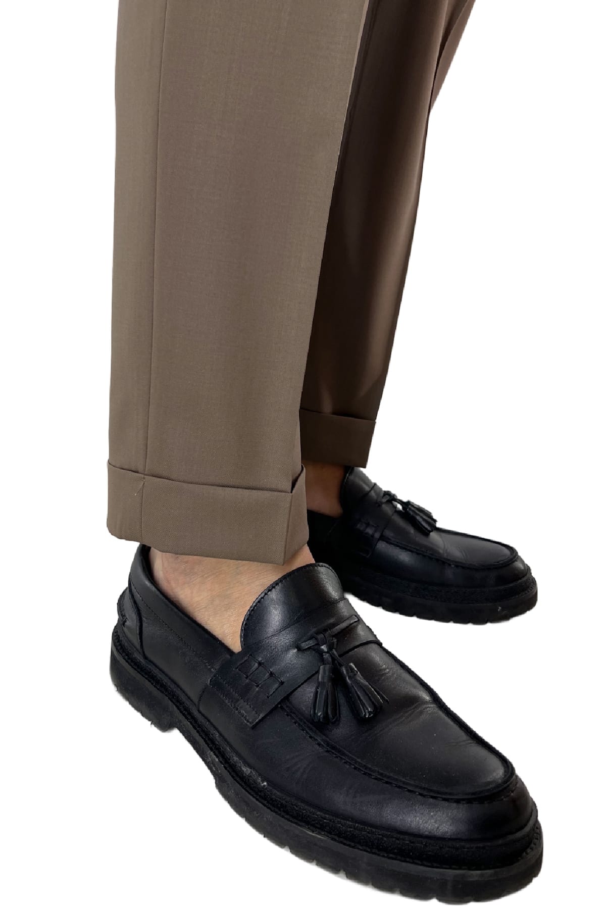 Pantalone uomo fango vita alta tasca america in fresco lana 100% Vitale Barberis Canonico fibbie laterali e risvolto 4cm