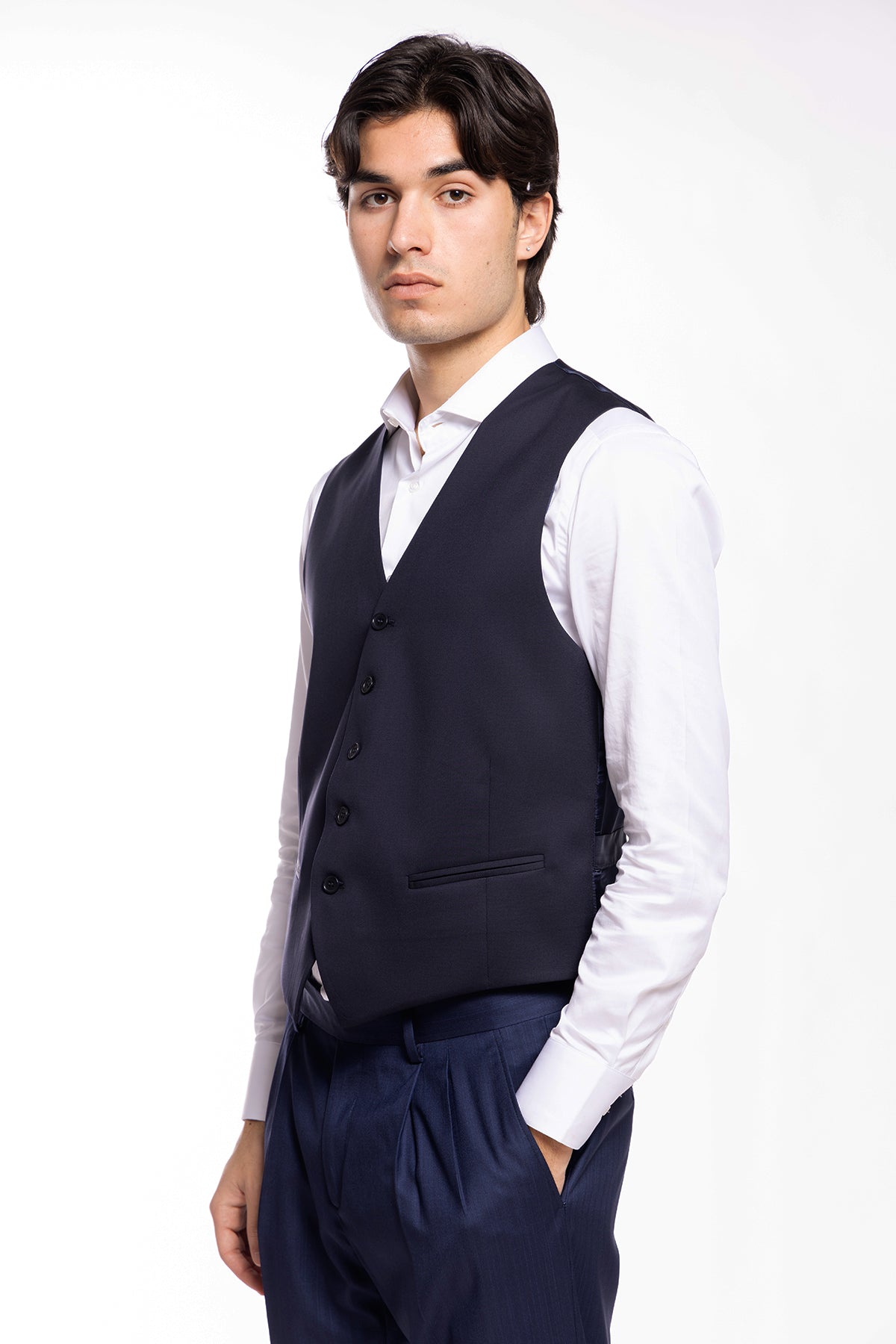 Gilet uomo monopetto blu navy da cerimonia in fresco lana slim fit Vitale Barberis Canonico