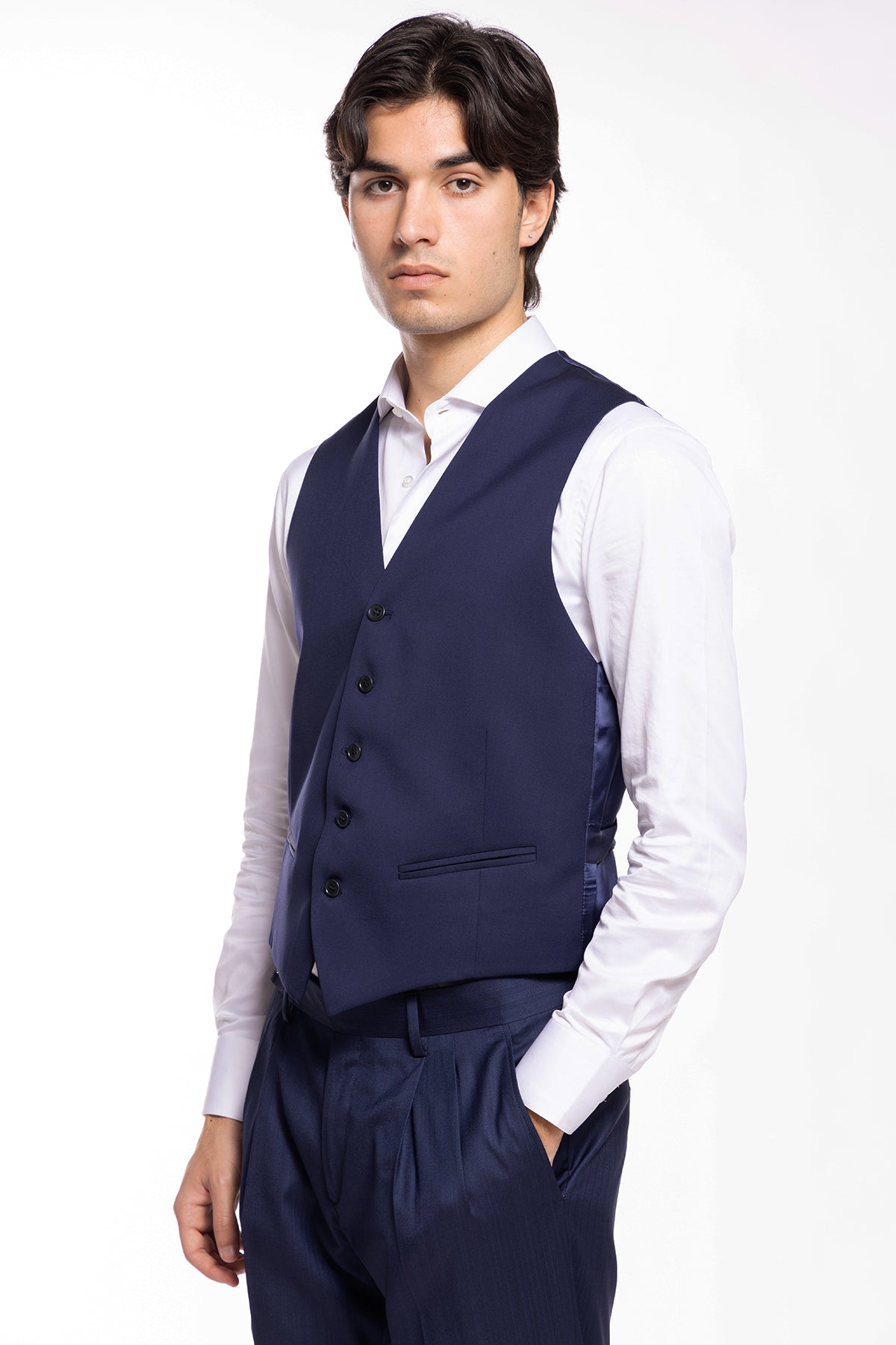 Gilet uomo monopetto royal blu da cerimonia in fresco lana slim fit Vitale Barberis Canonico